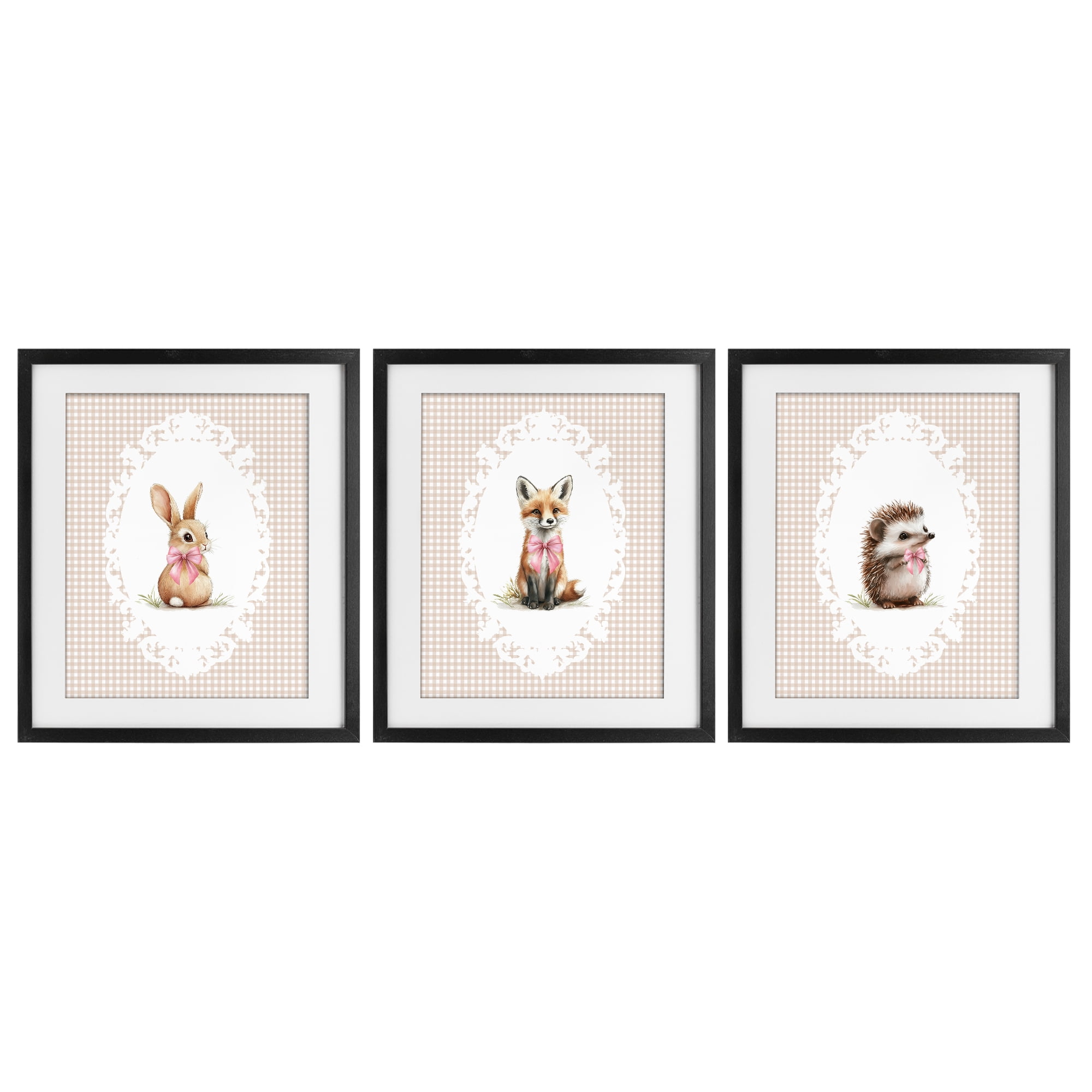 Stupell Industries Vintage Baby Bow Animals 3 Piece Black Framed Print Under Glass Set, design by Christine Simpson Art