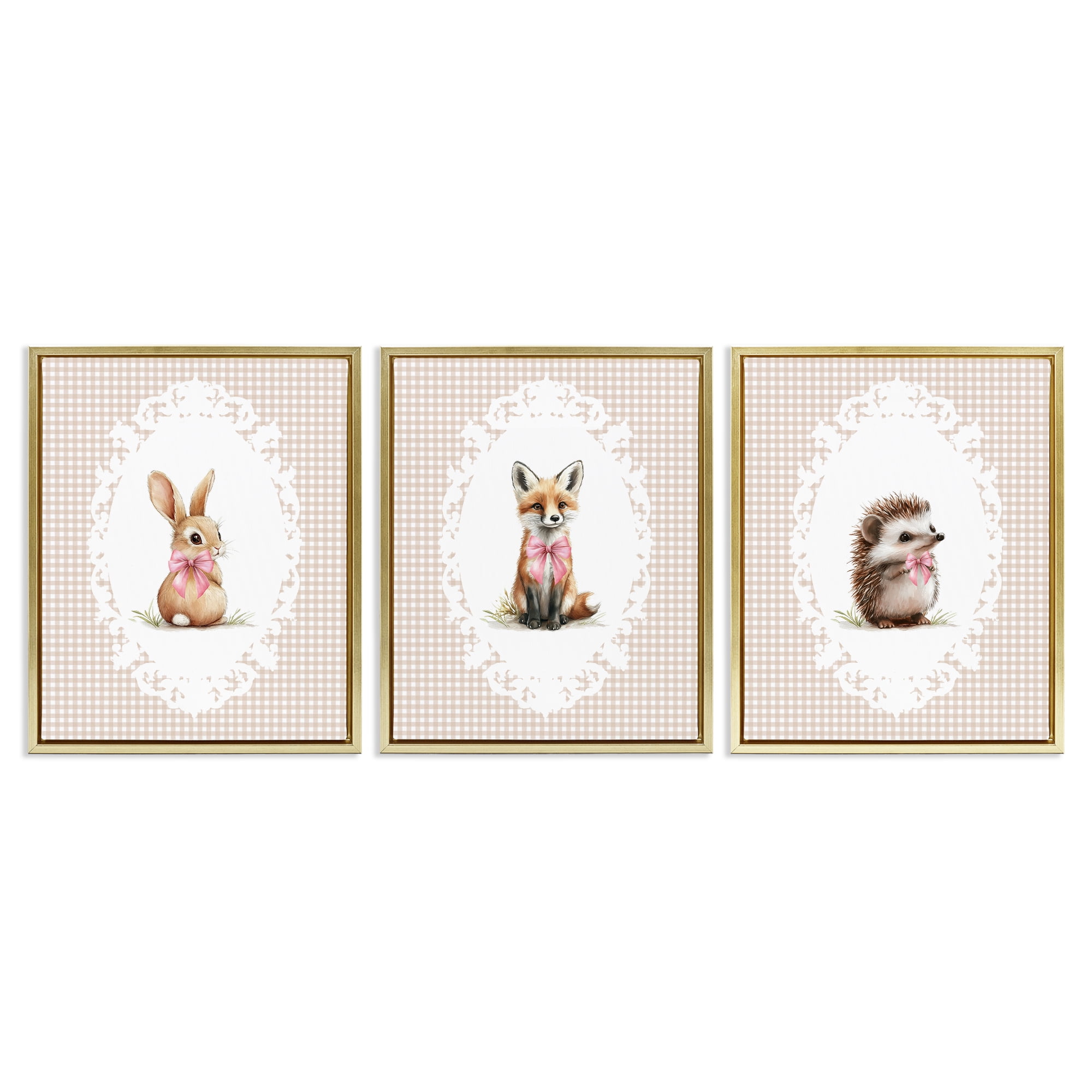 Stupell Industries Vintage Baby Bow Animals 3 Piece Gold Framed Floater Canvas Set, design by Christine Simpson Art