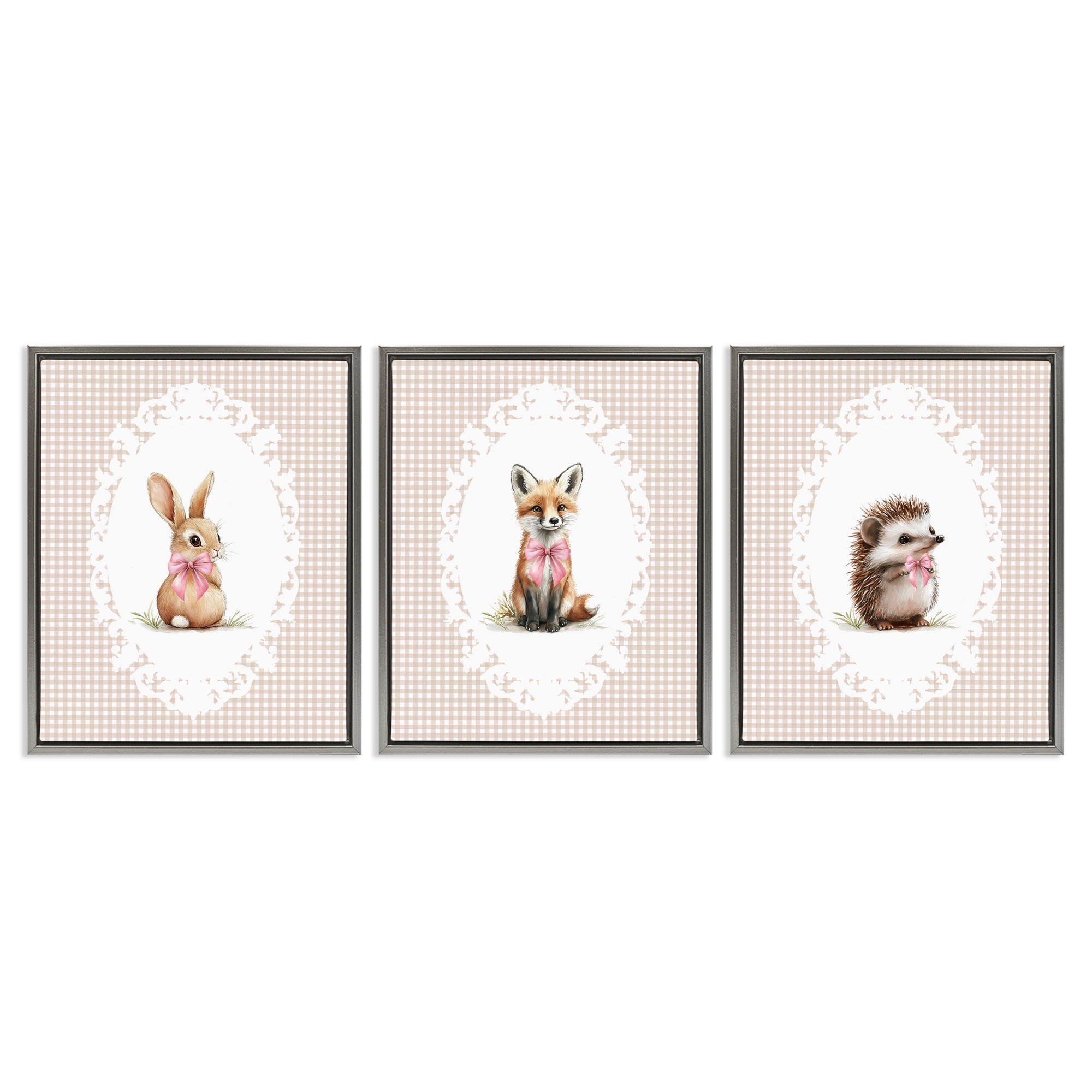 Stupell Industries Vintage Baby Bow Animals 3 Piece Gray Framed Floater Canvas Set, design by Christine Simpson Art