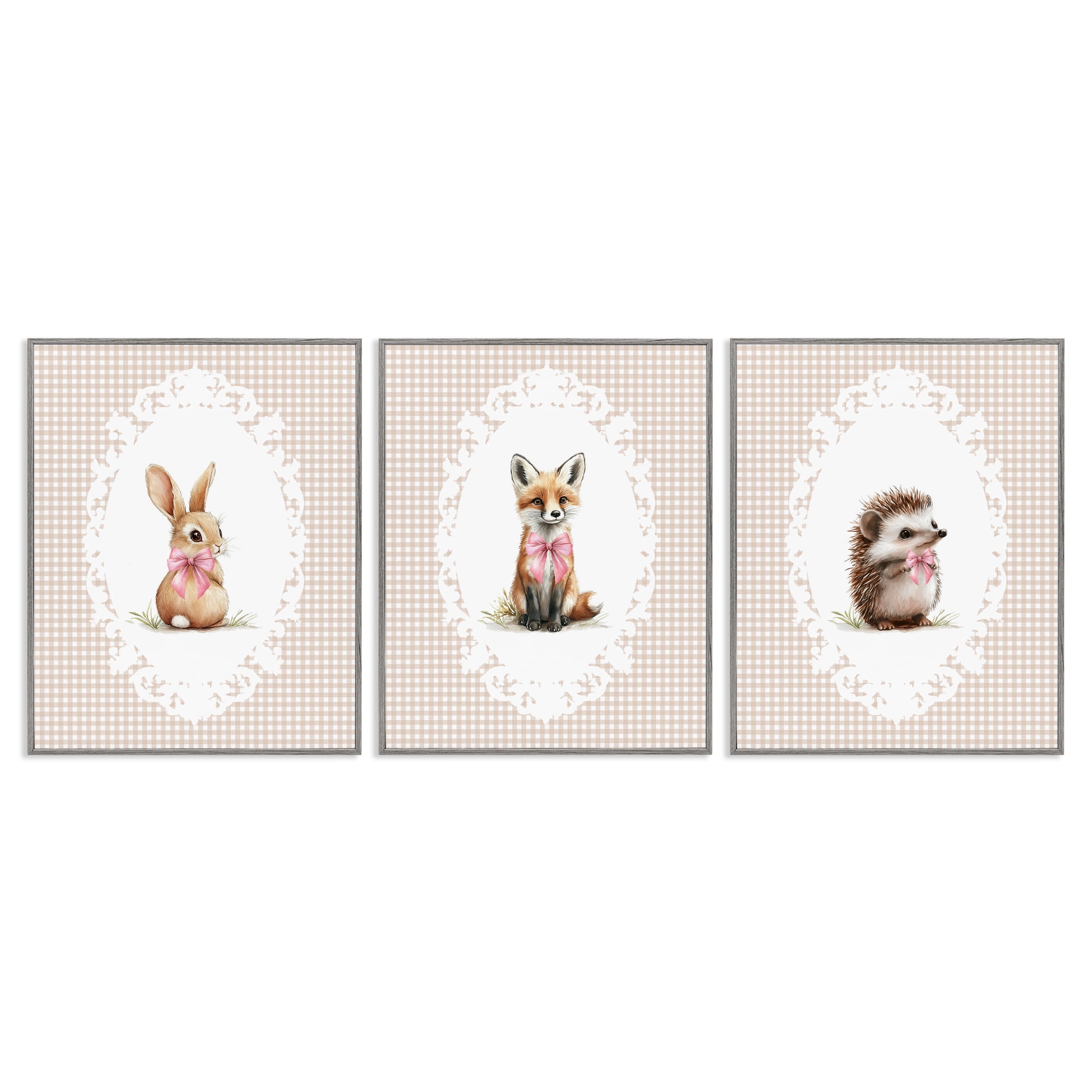 Stupell Industries Vintage Baby Bow Animals 3 Piece Gray Framed Giclee Art Set, design by Christine Simpson Art