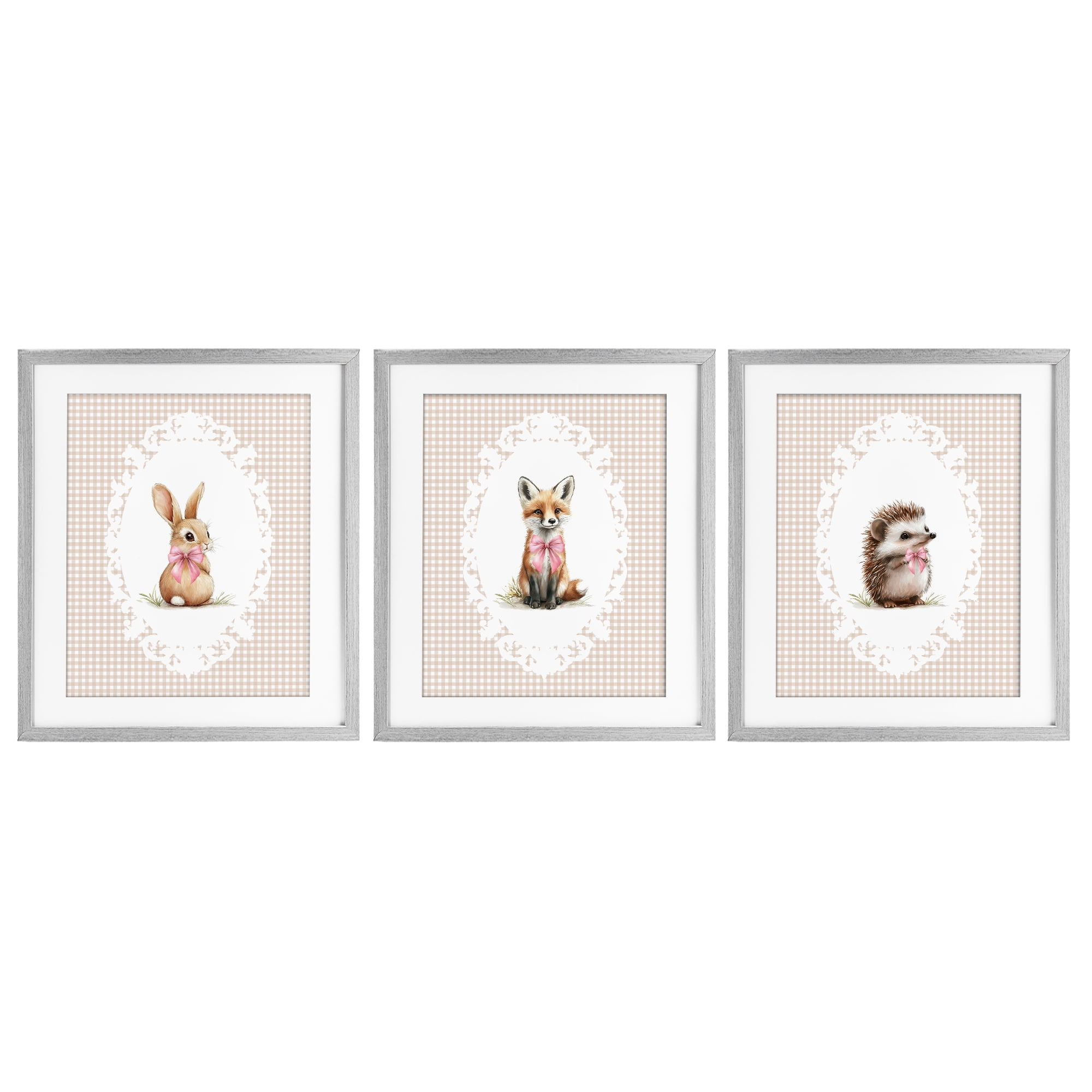 Stupell Industries Vintage Baby Bow Animals 3 Piece Gray Framed Print Under Glass Set, design by Christine Simpson Art