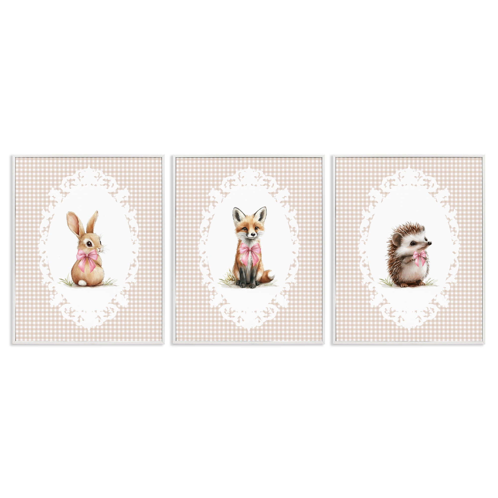 Stupell Industries Vintage Baby Bow Animals 3 Piece White Framed Giclee Art Set, design by Christine Simpson Art