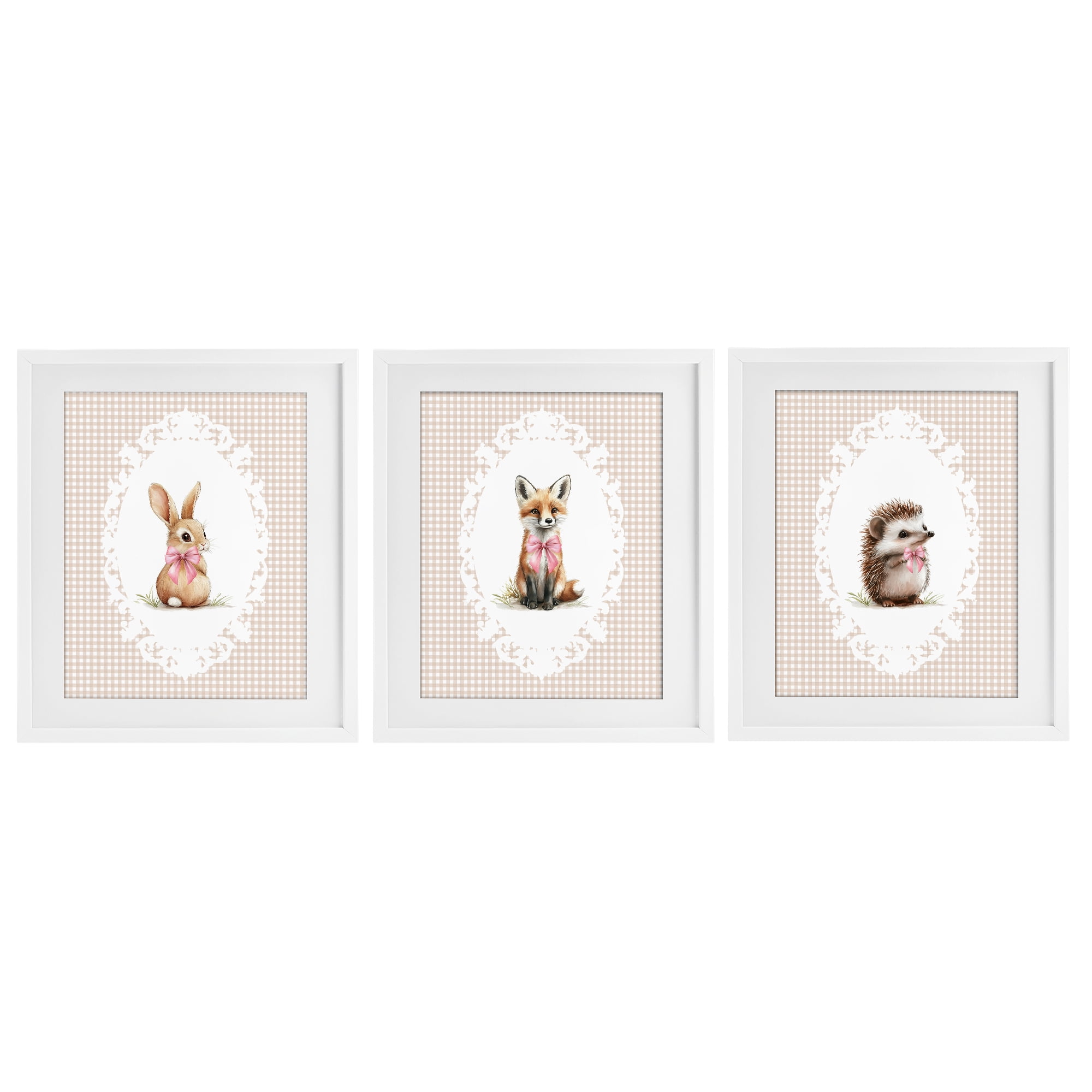 Stupell Industries Vintage Baby Bow Animals 3 Piece White Framed Print Under Glass Set, design by Christine Simpson Art