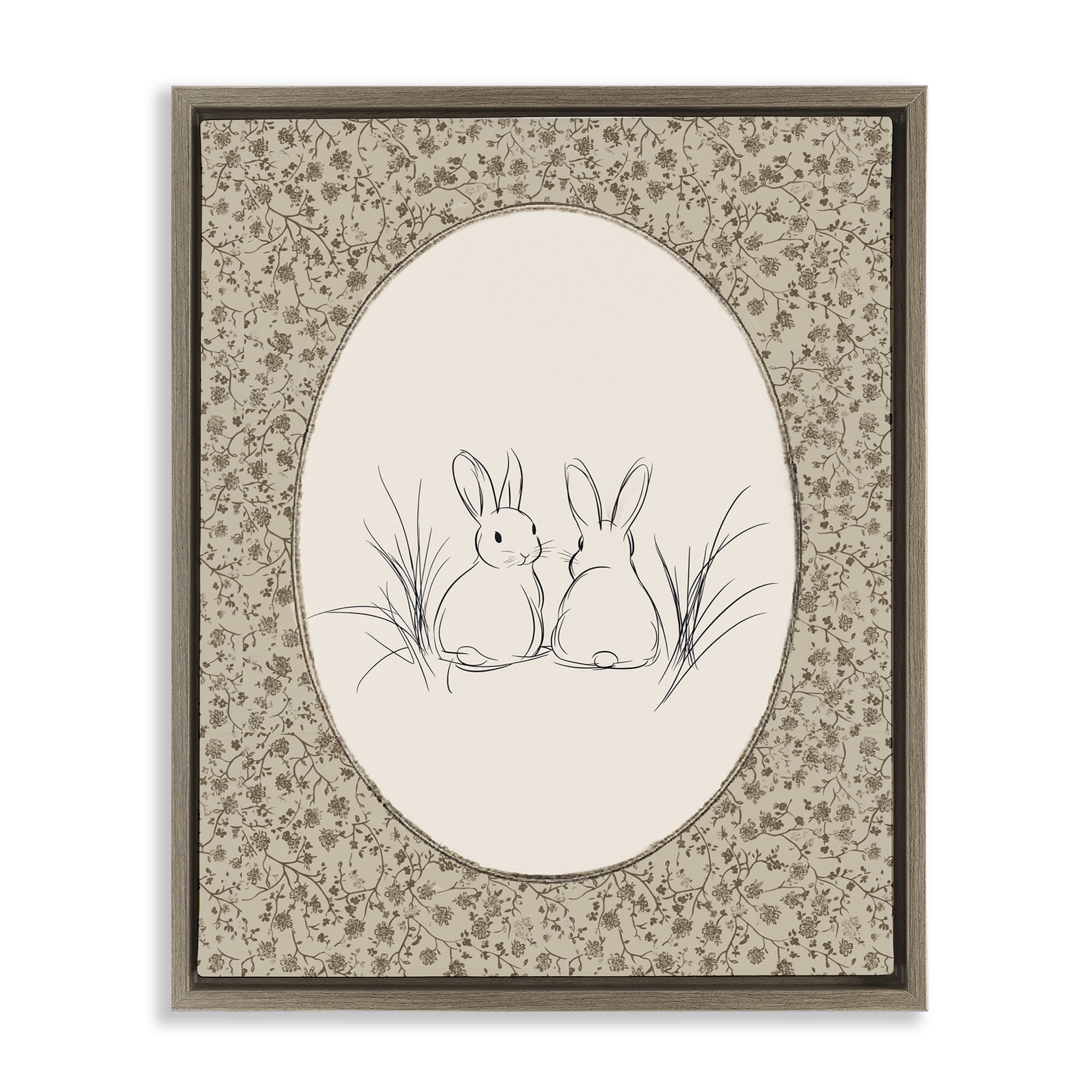 Stupell Industries Vintage Baby Bunnies Brown Framed Floater Canvas Wall Art, design by Ramona Murdock