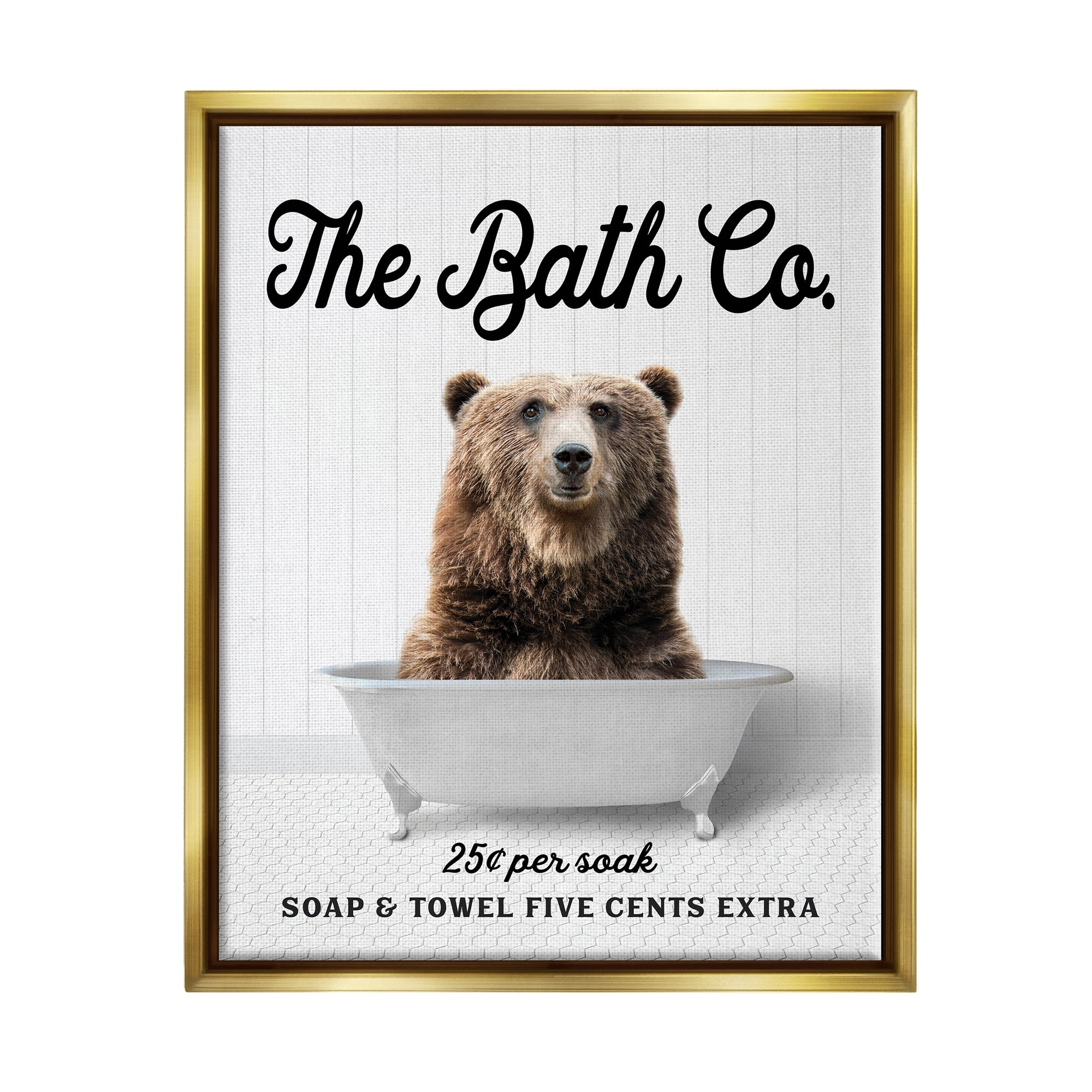 Stupell Industries Vintage Bath Ad Bear Animals & Insects Painting Gold Floater Framed Art Print Wall Art, 25 x 31