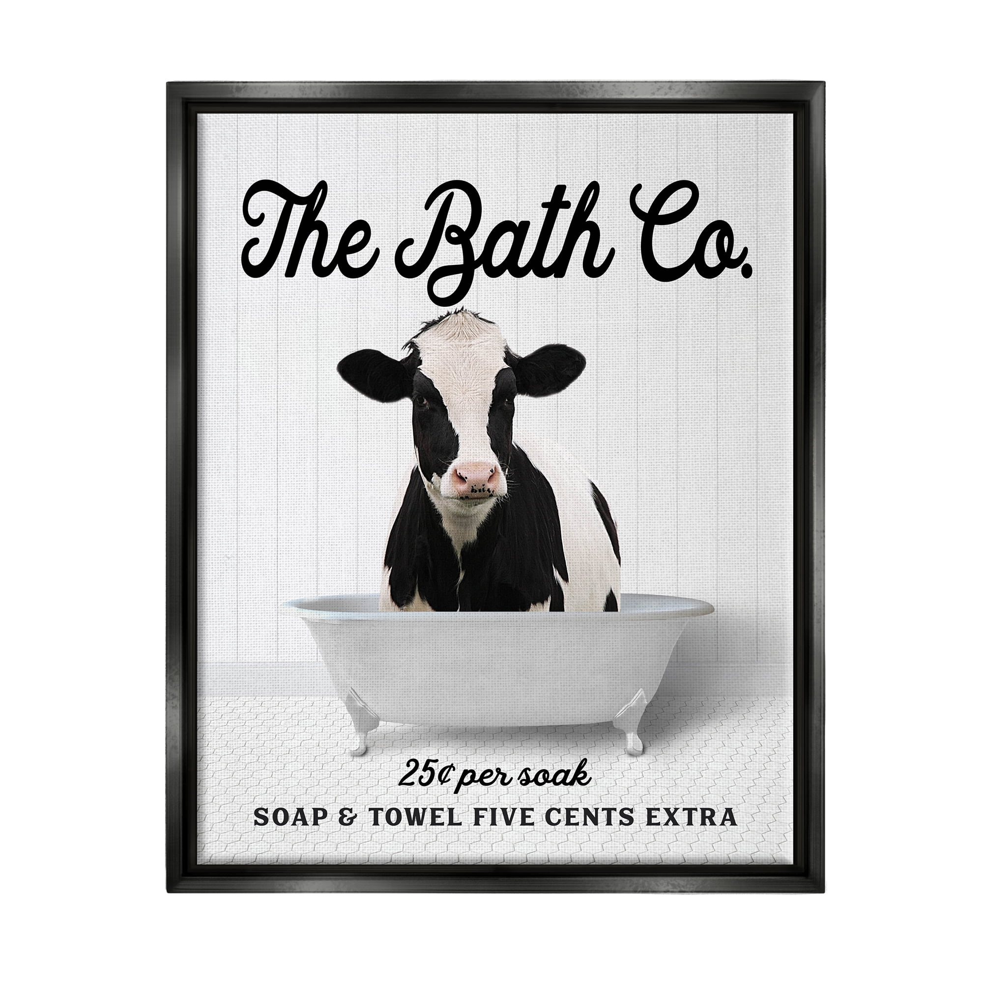 Stupell Industries Vintage Bath Ad Cow Animals & Insects Painting Black Floater Framed Art Print Wall Art, 25 x 31