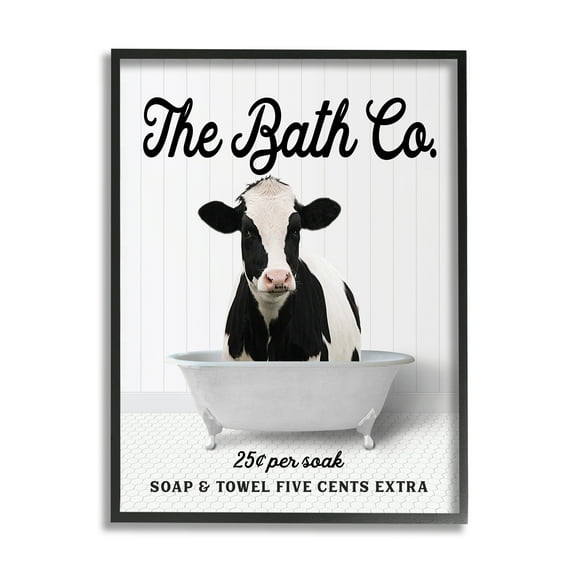 Stupell Industries Vintage Bath Ad Cow Animals & Insects Painting Black Framed Art Print Wall Art, 11 x 14