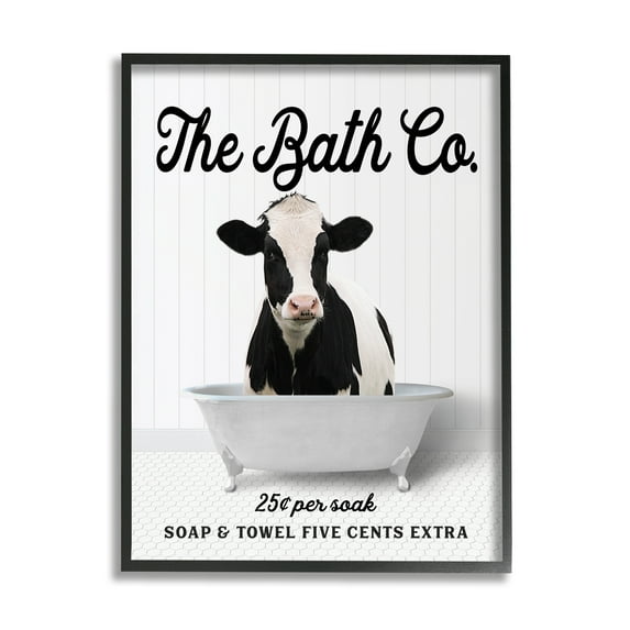 Stupell Industries Vintage Bath Ad Cow Animals & Insects Painting Black Framed Art Print Wall Art, 16 x 20