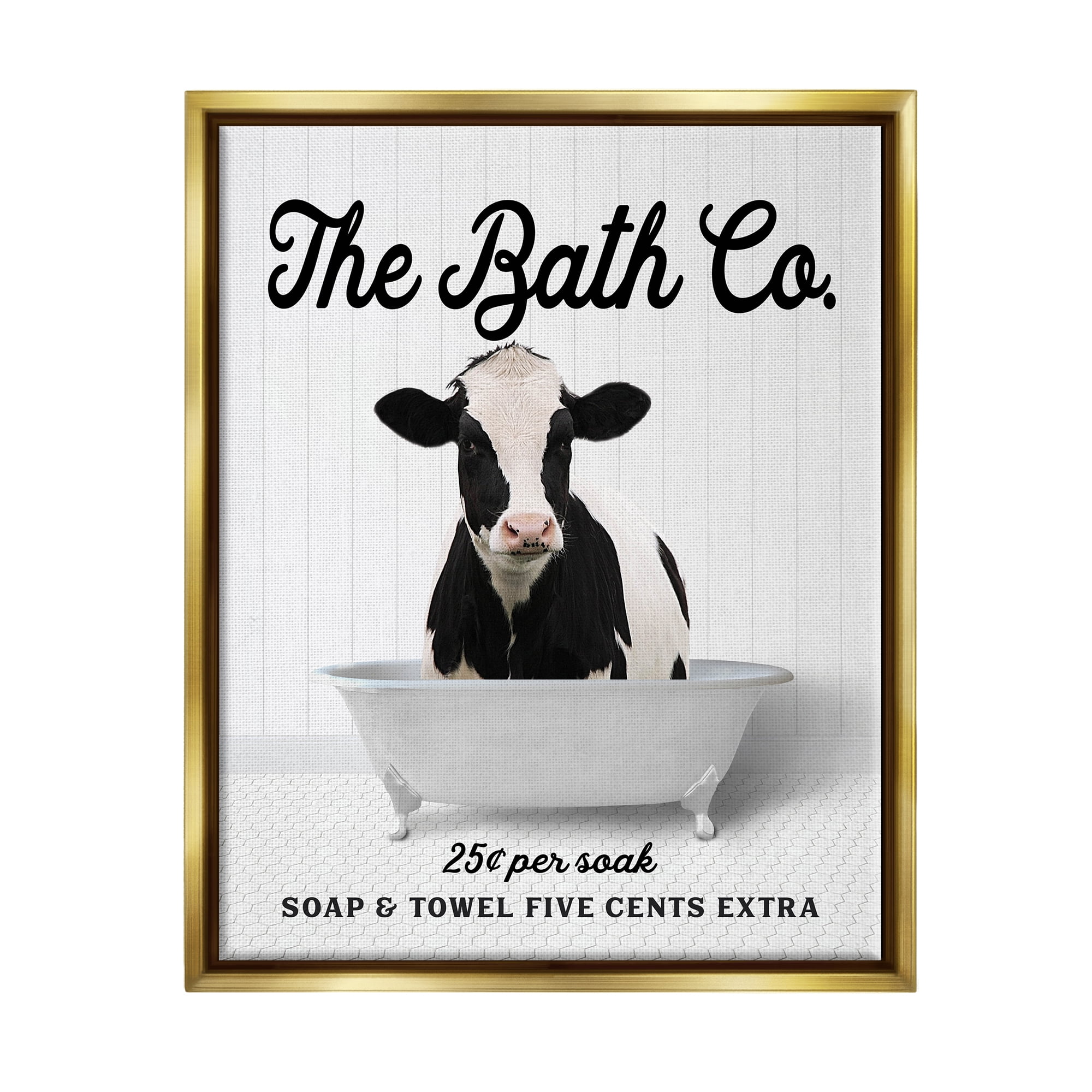 Stupell Industries Vintage Bath Ad Cow Animals & Insects Painting Gold Floater Framed Art Print Wall Art, 17 x 21
