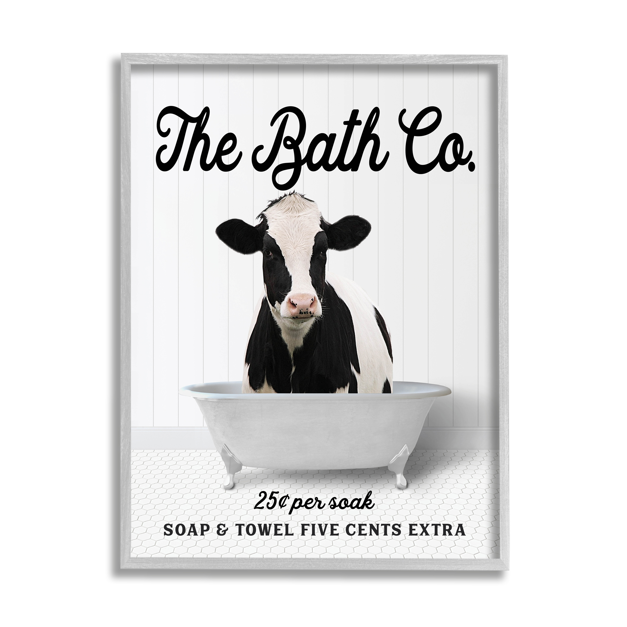Stupell Industries Vintage Bath Ad Cow Animals & Insects Painting Gray Framed Art Print Wall Art, 11 x 14