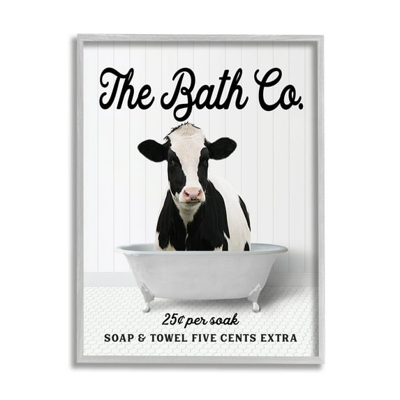 Stupell Industries Vintage Bath Ad Cow Animals & Insects Painting Gray Framed Art Print Wall Art, 16 x 20