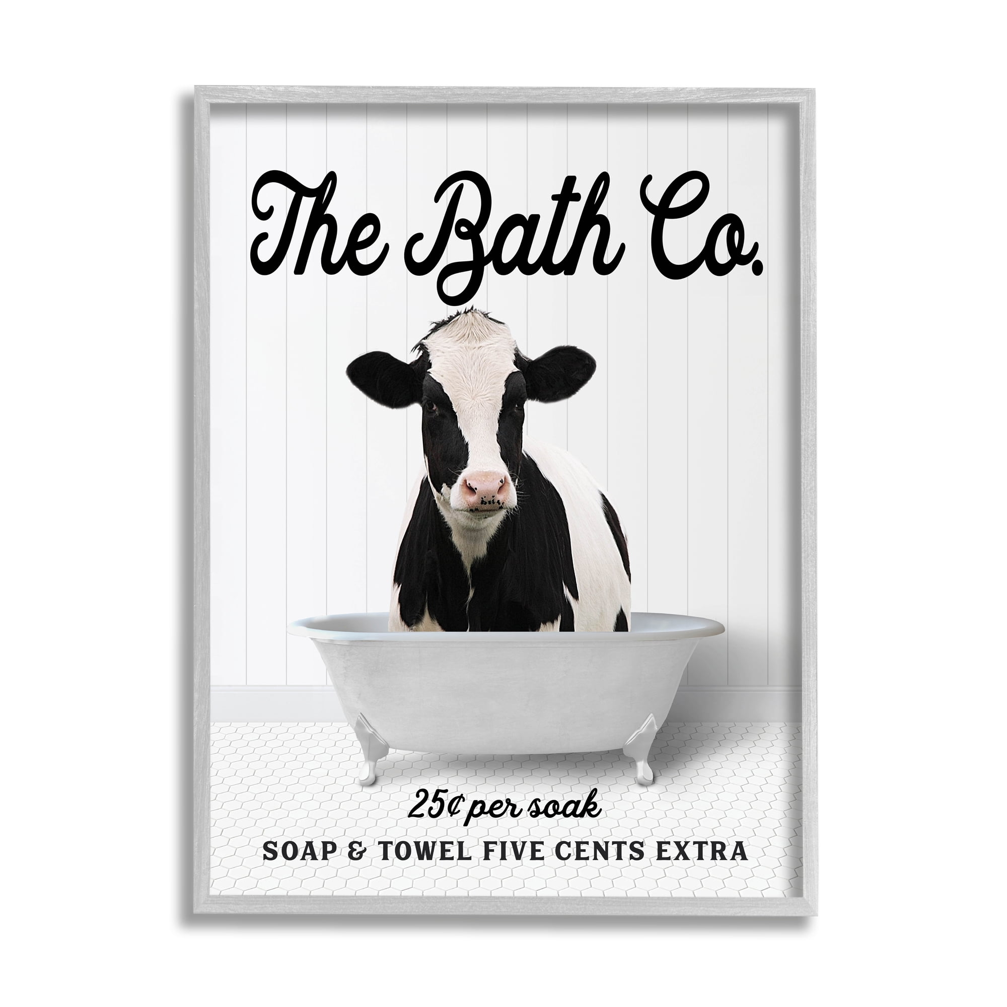 Stupell Industries Vintage Bath Ad Cow Animals & Insects Painting Gray Framed Art Print Wall Art, 24 x 30