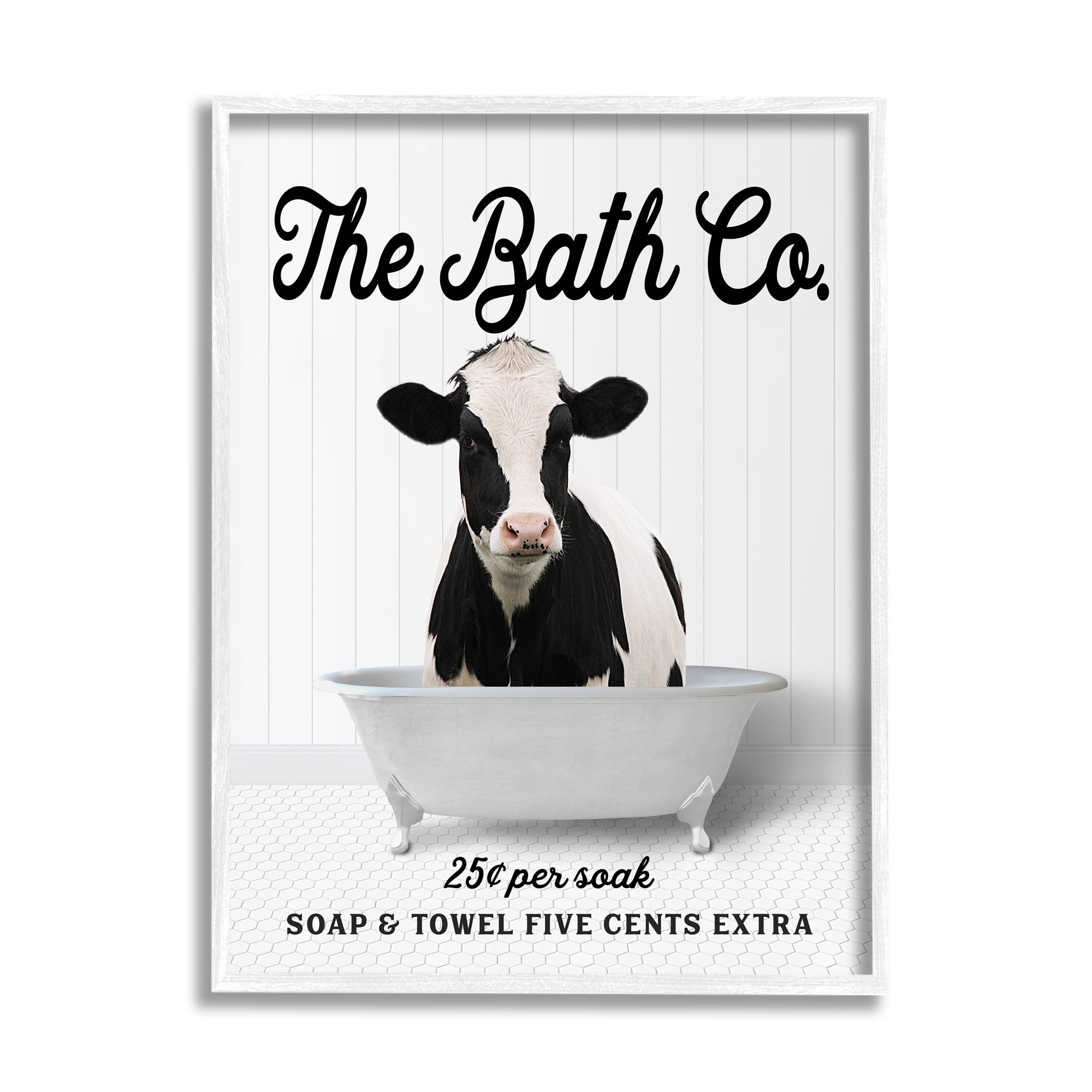 Stupell Industries Vintage Bath Ad Cow Animals & Insects Painting White Framed Art Print Wall Art, 11 x 14