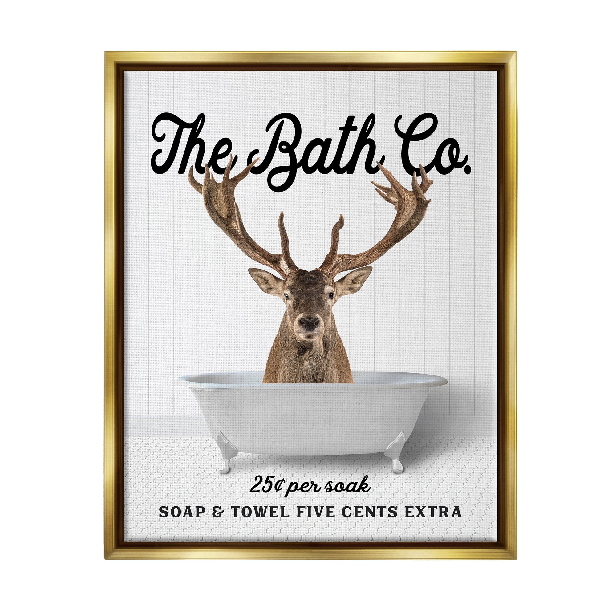 Stupell Industries Vintage Bath Ad Deer Animals & Insects Painting Gold Floater Framed Art Print Wall Art, 25 x 31