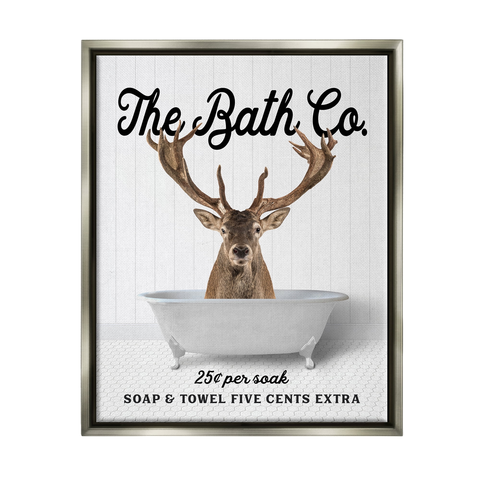 Stupell Industries Vintage Bath Ad Deer Animals & Insects Painting Gray Floater Framed Art Print Wall Art, 17 x 21
