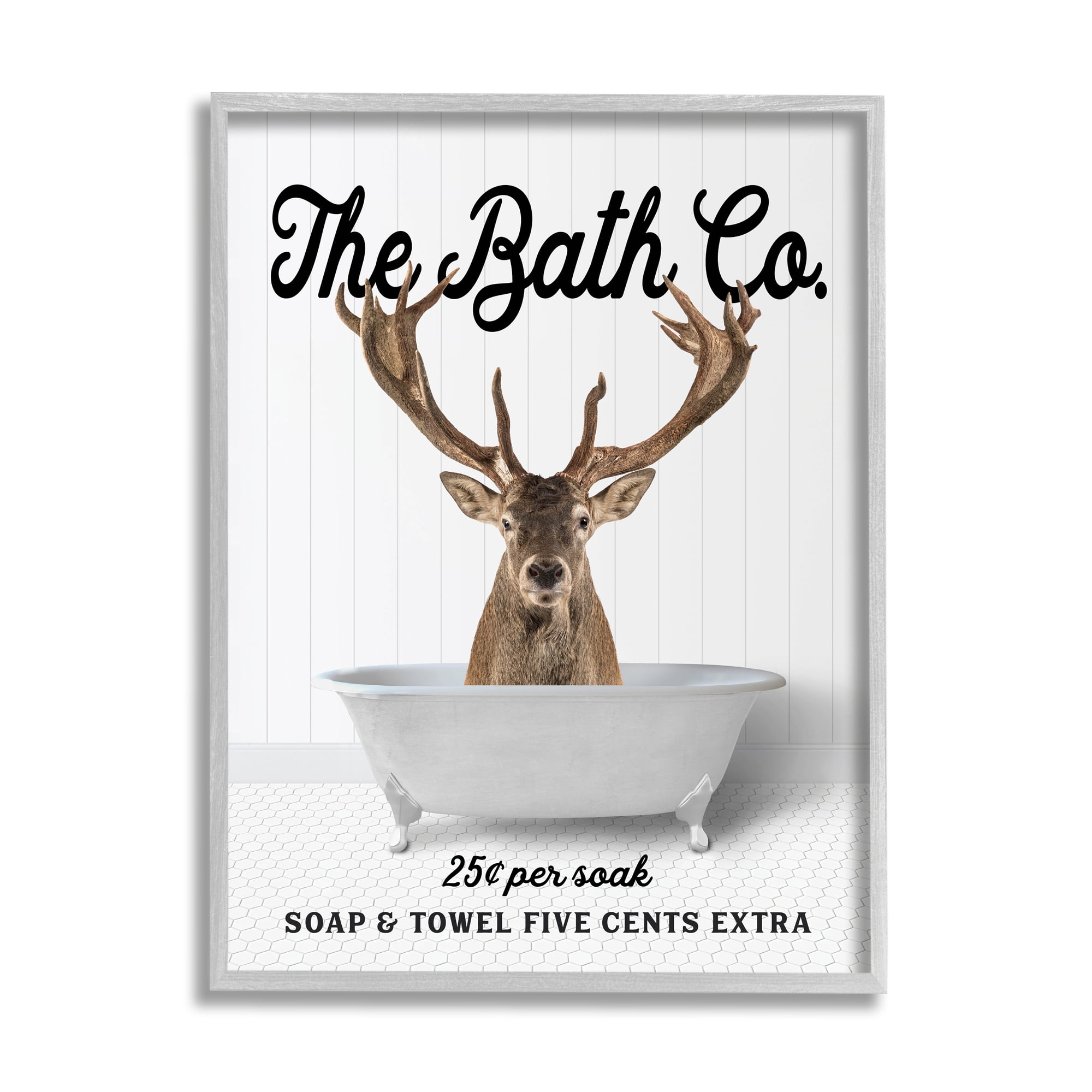 Stupell Industries Vintage Bath Ad Deer Animals & Insects Painting Gray Framed Art Print Wall Art, 24 x 30