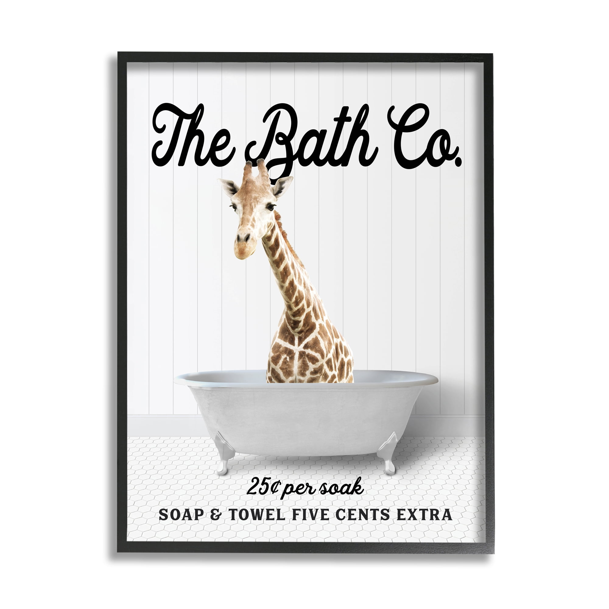 Stupell Industries Vintage Bath Ad Giraffe Animals & Insects Painting Black Framed Art Print Wall Art, 16 x 20