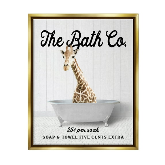 Stupell Industries Vintage Bath Ad Giraffe Animals & Insects Painting Gold Floater Framed Art Print Wall Art, 17 x 21