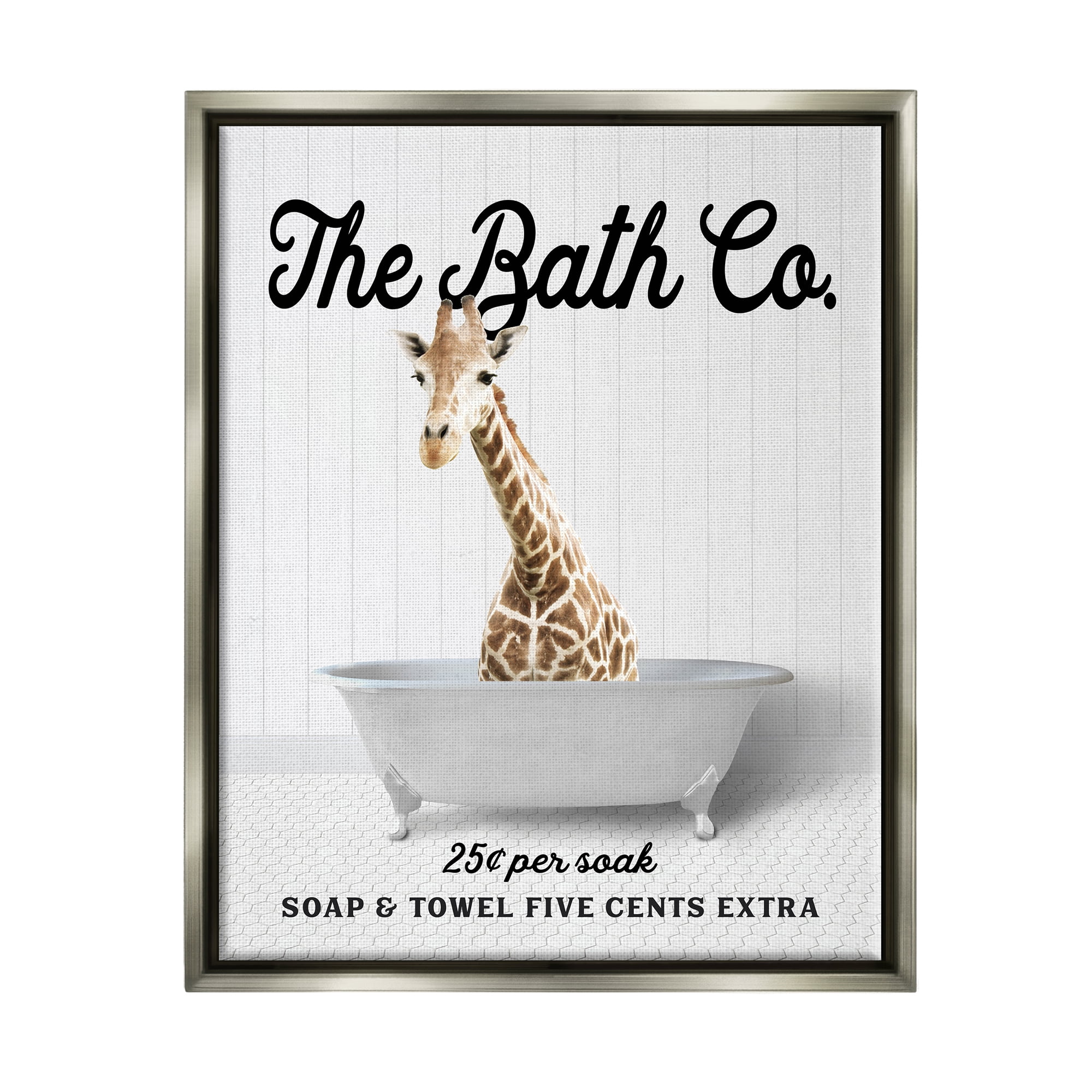 Stupell Industries Vintage Bath Ad Giraffe Animals & Insects Painting Gray Floater Framed Art Print Wall Art, 17 x 21