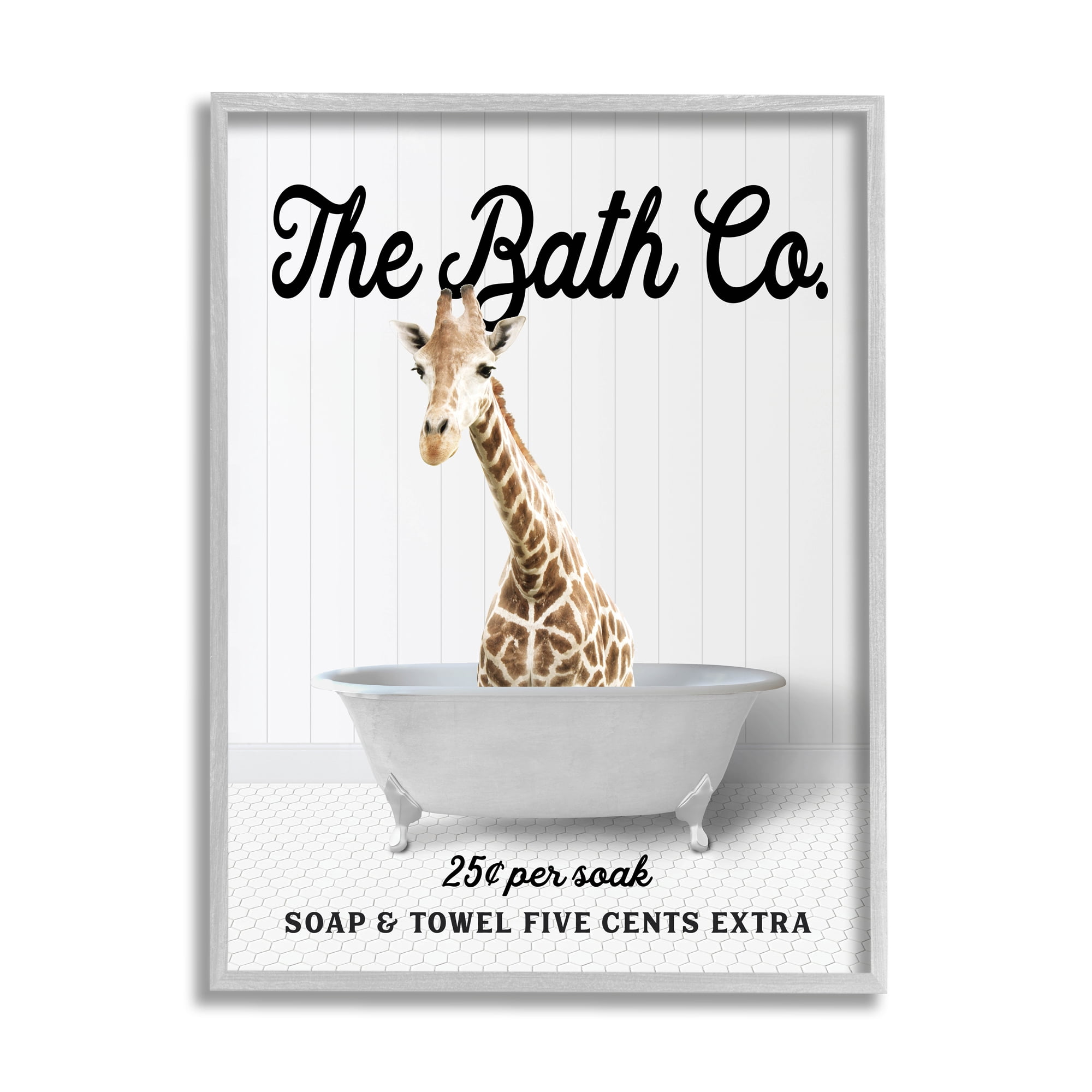 Stupell Industries Vintage Bath Ad Giraffe Animals & Insects Painting Gray Framed Art Print Wall Art, 24 x 30