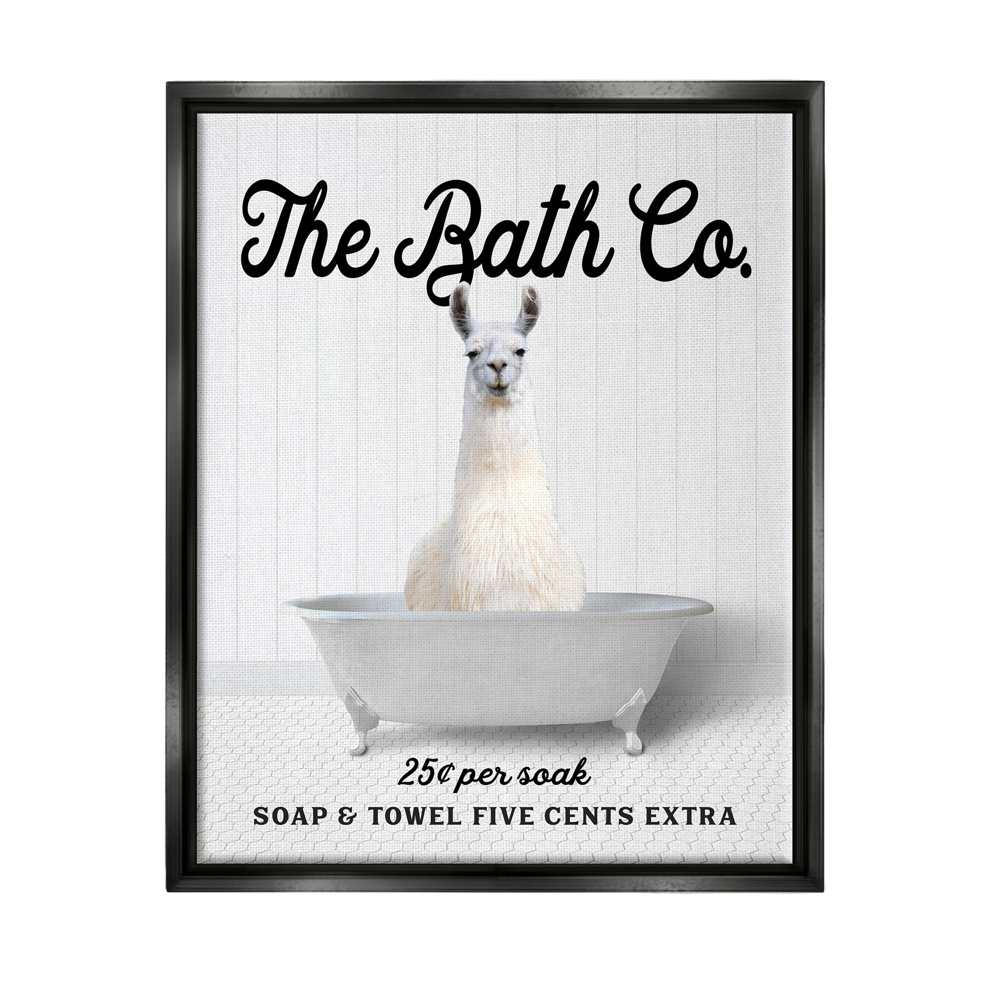 Stupell Industries Vintage Bath Ad Llama Animals & Insects Painting Black Floater Framed Art Print Wall Art, 25 x 31