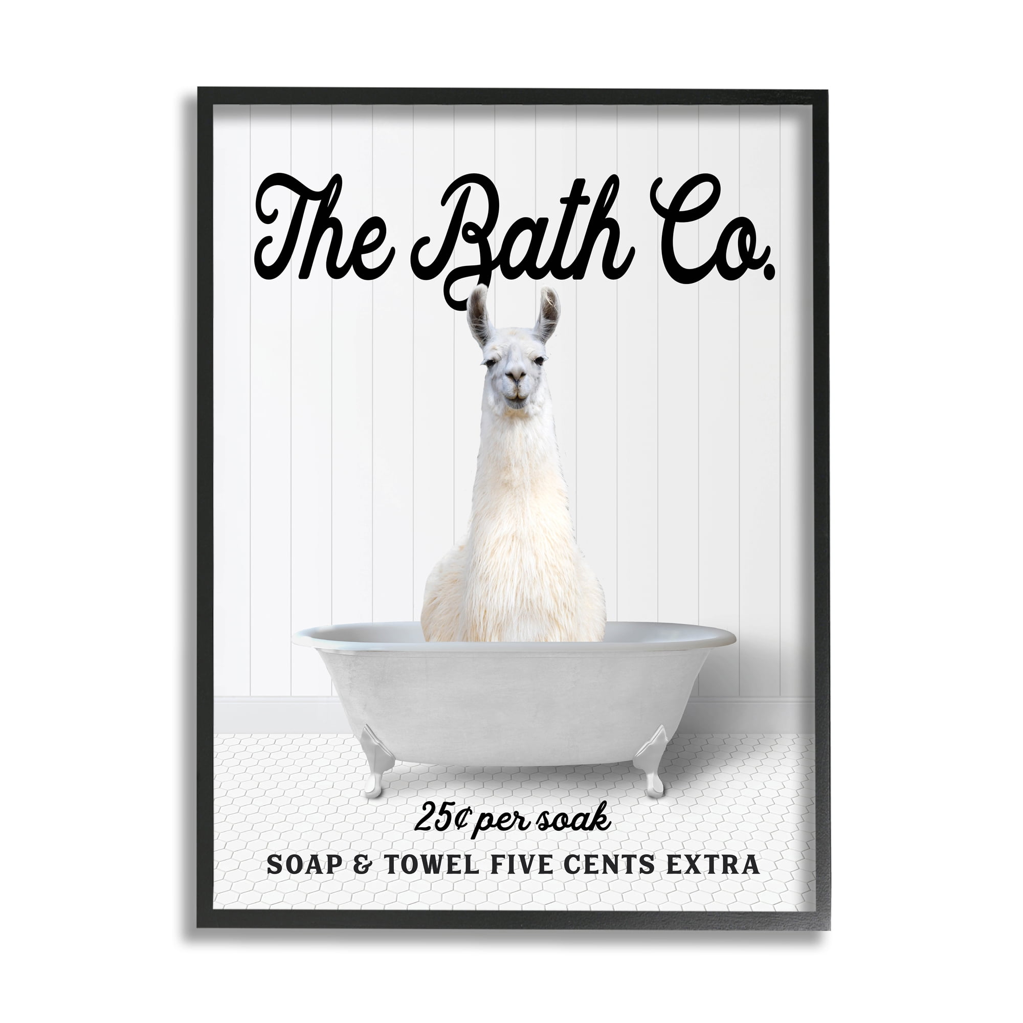 Stupell Industries Vintage Bath Ad Llama Animals & Insects Painting Black Framed Art Print Wall Art, 11 x 14