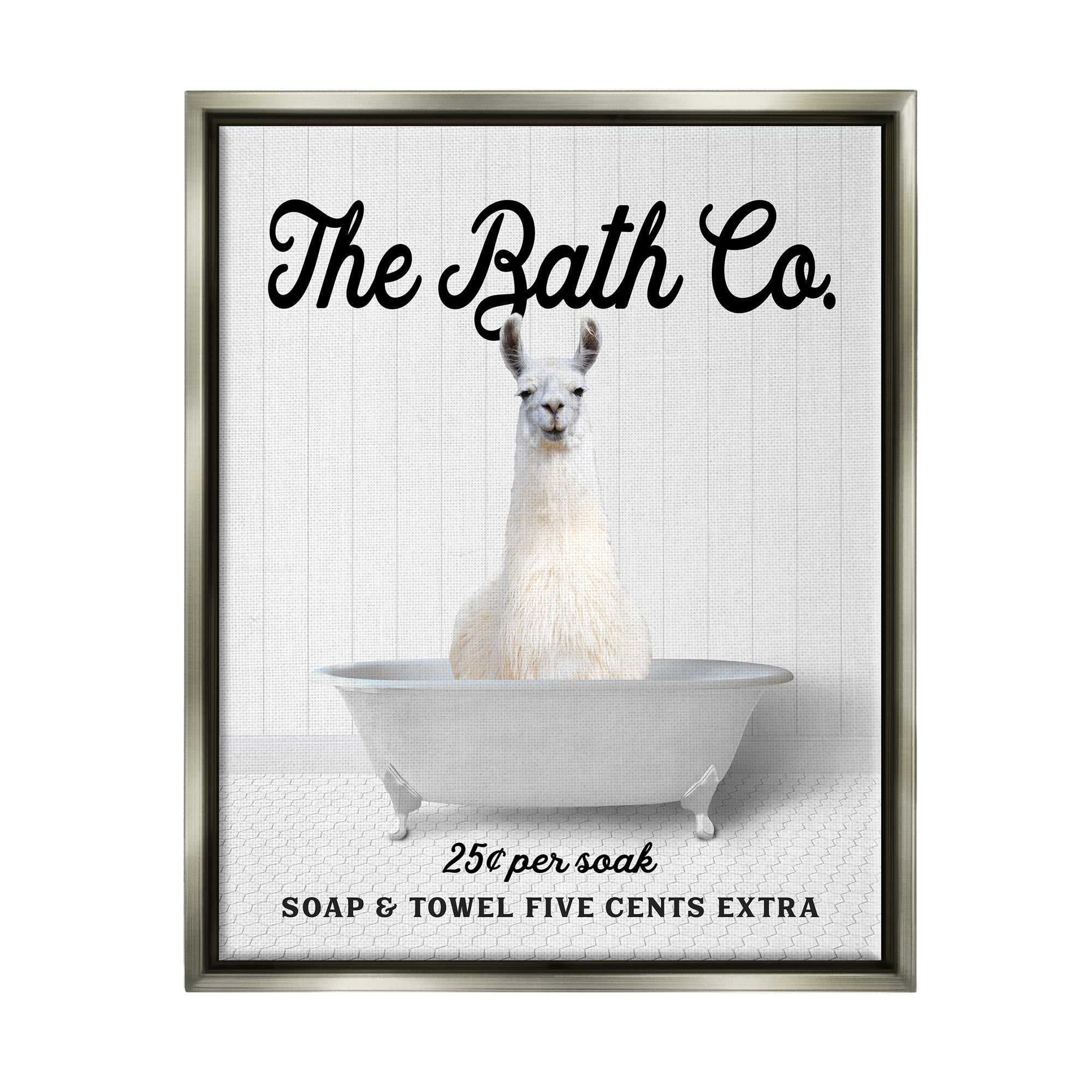 Stupell Industries Vintage Bath Ad Llama Animals & Insects Painting Gray Floater Framed Art Print Wall Art, 17 x 21