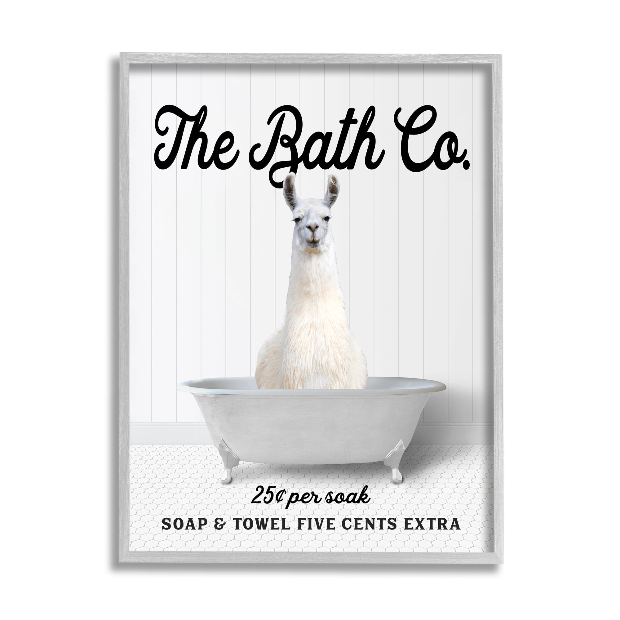 Stupell Industries Vintage Bath Ad Llama Animals & Insects Painting Gray Framed Art Print Wall Art, 11 x 14