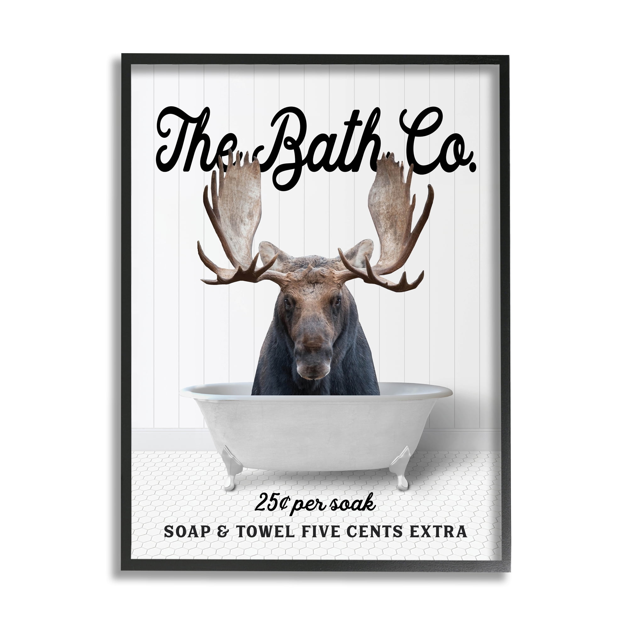 Stupell Industries Vintage Bath Ad Moose Animals & Insects Painting Black Framed Art Print Wall Art, 11 x 14