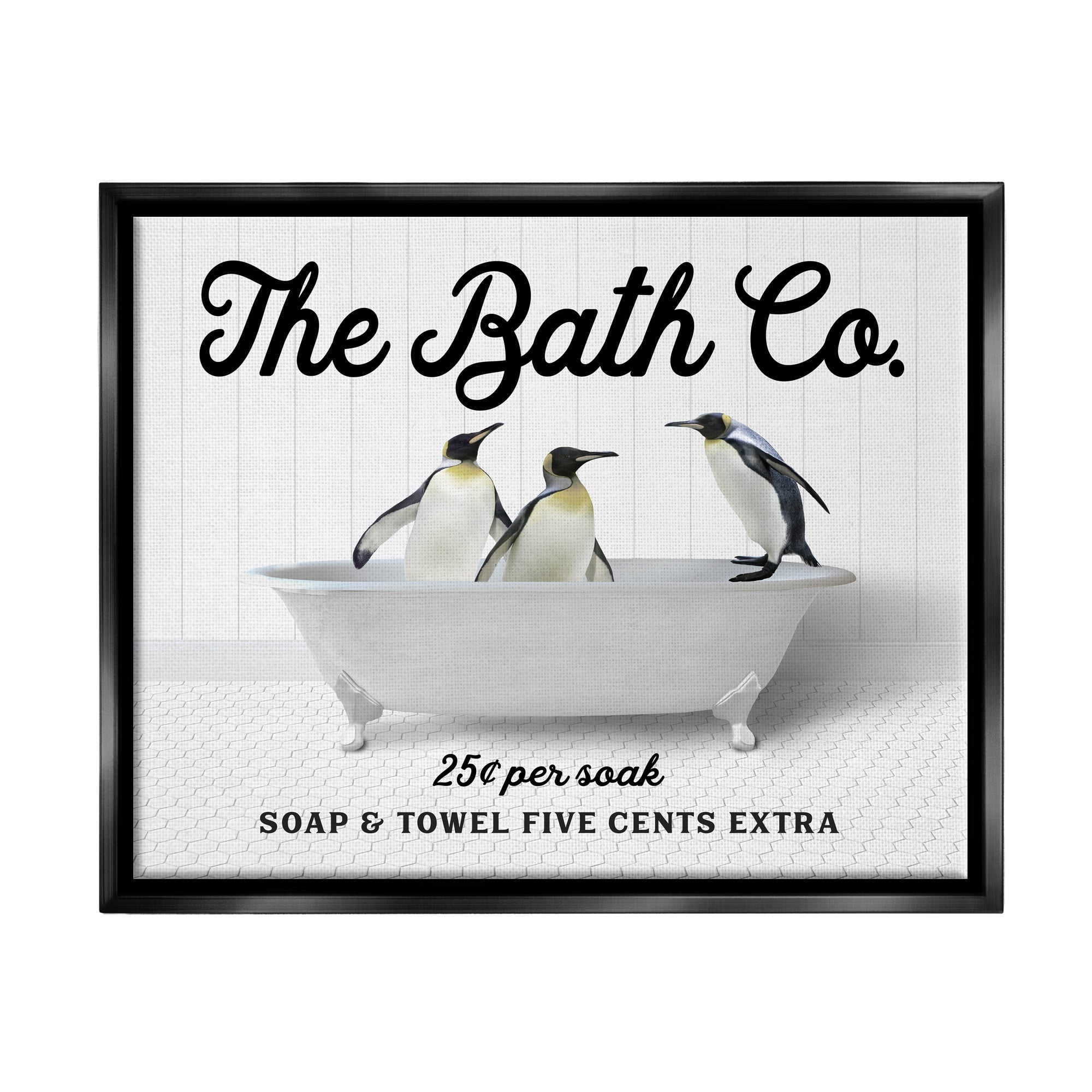 Stupell Industries Vintage Bath Ad Penguins Animals & Insects Painting Black Floater Framed Art Print Wall Art, 21 x 17