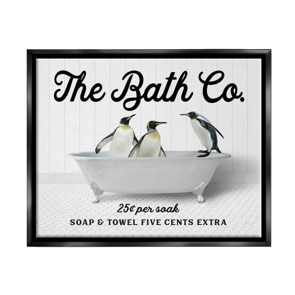 Stupell Industries Vintage Bath Ad Penguins Animals & Insects Painting Black Floater Framed Art Print Wall Art, 21 x 17