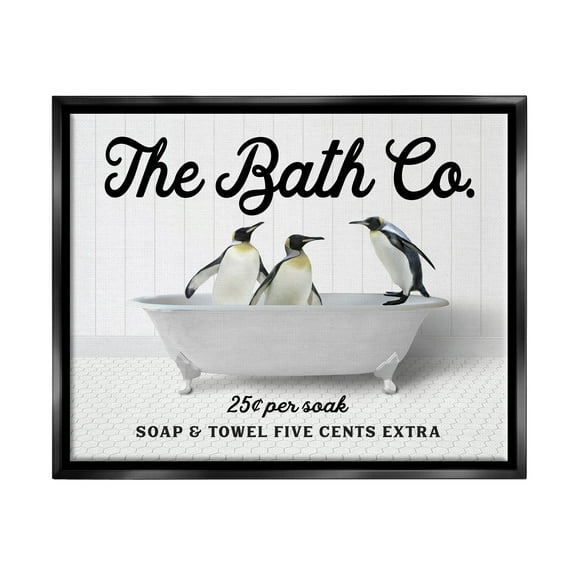 Stupell Industries Vintage Bath Ad Penguins Animals & Insects Painting Black Floater Framed Art Print Wall Art, 21 x 17