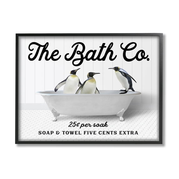 Stupell Industries Vintage Bath Ad Penguins Animals & Insects Painting Black Framed Art Print Wall Art, 20 x 16