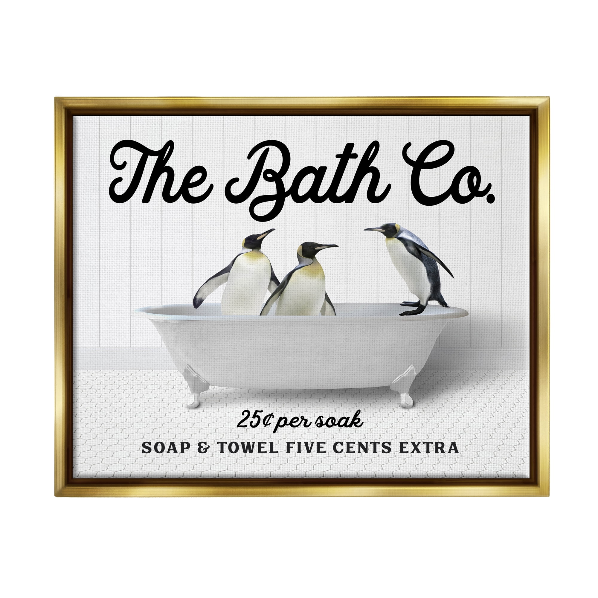 Stupell Industries Vintage Bath Ad Penguins Animals & Insects Painting Gold Floater Framed Art Print Wall Art, 21 x 17