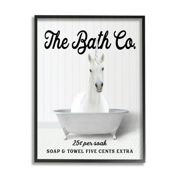 Stupell Industries Vintage Bath Ad Unicorn Animals & Insects Painting Black Framed Art Print Wall Art, 11 x 14