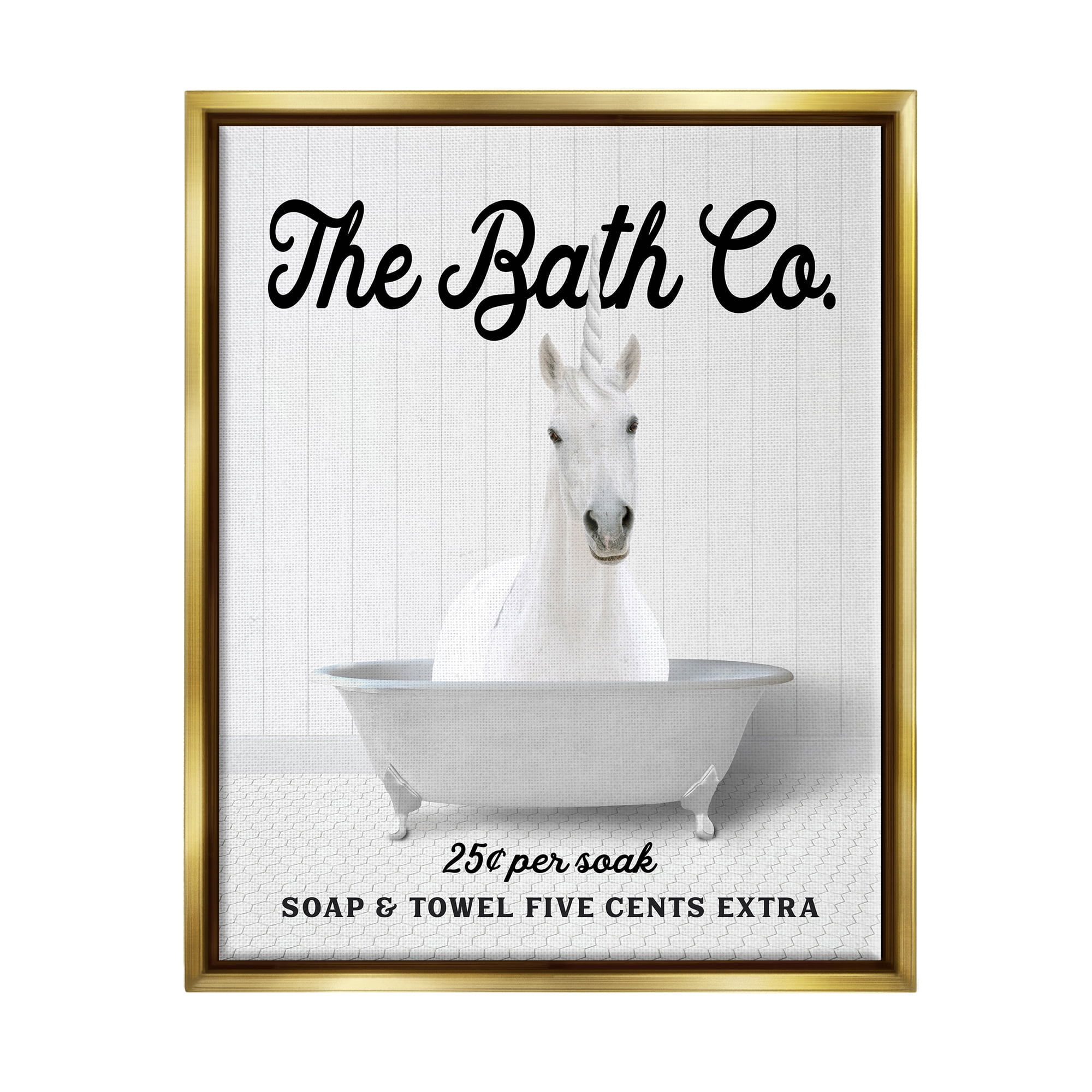 Stupell Industries Vintage Bath Ad Unicorn Animals & Insects Painting Gold Floater Framed Art Print Wall Art, 25 x 31
