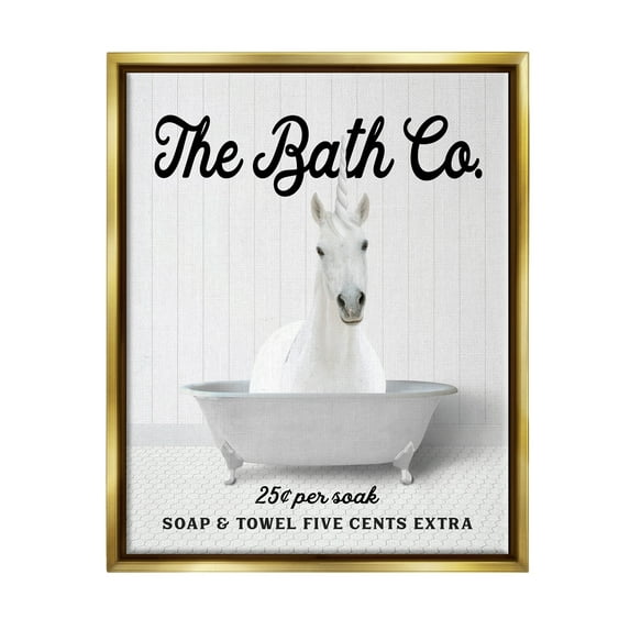 Stupell Industries Vintage Bath Ad Unicorn Animals & Insects Painting Gold Floater Framed Art Print Wall Art, 25 x 31