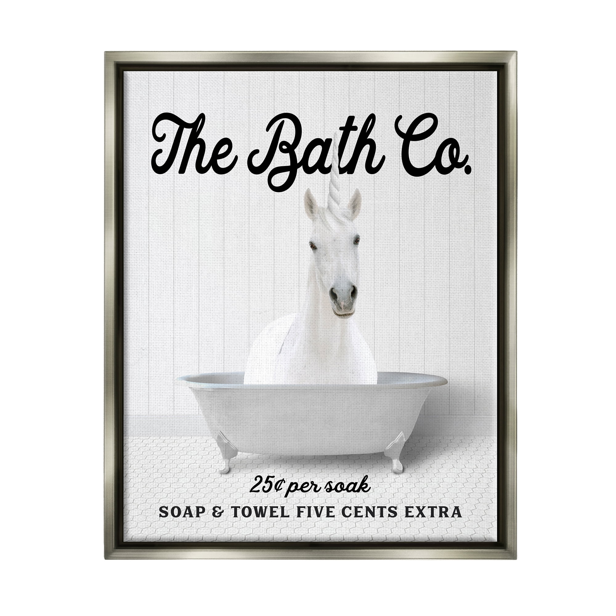 Stupell Industries Vintage Bath Ad Unicorn Animals & Insects Painting Gray Floater Framed Art Print Wall Art, 17 x 21