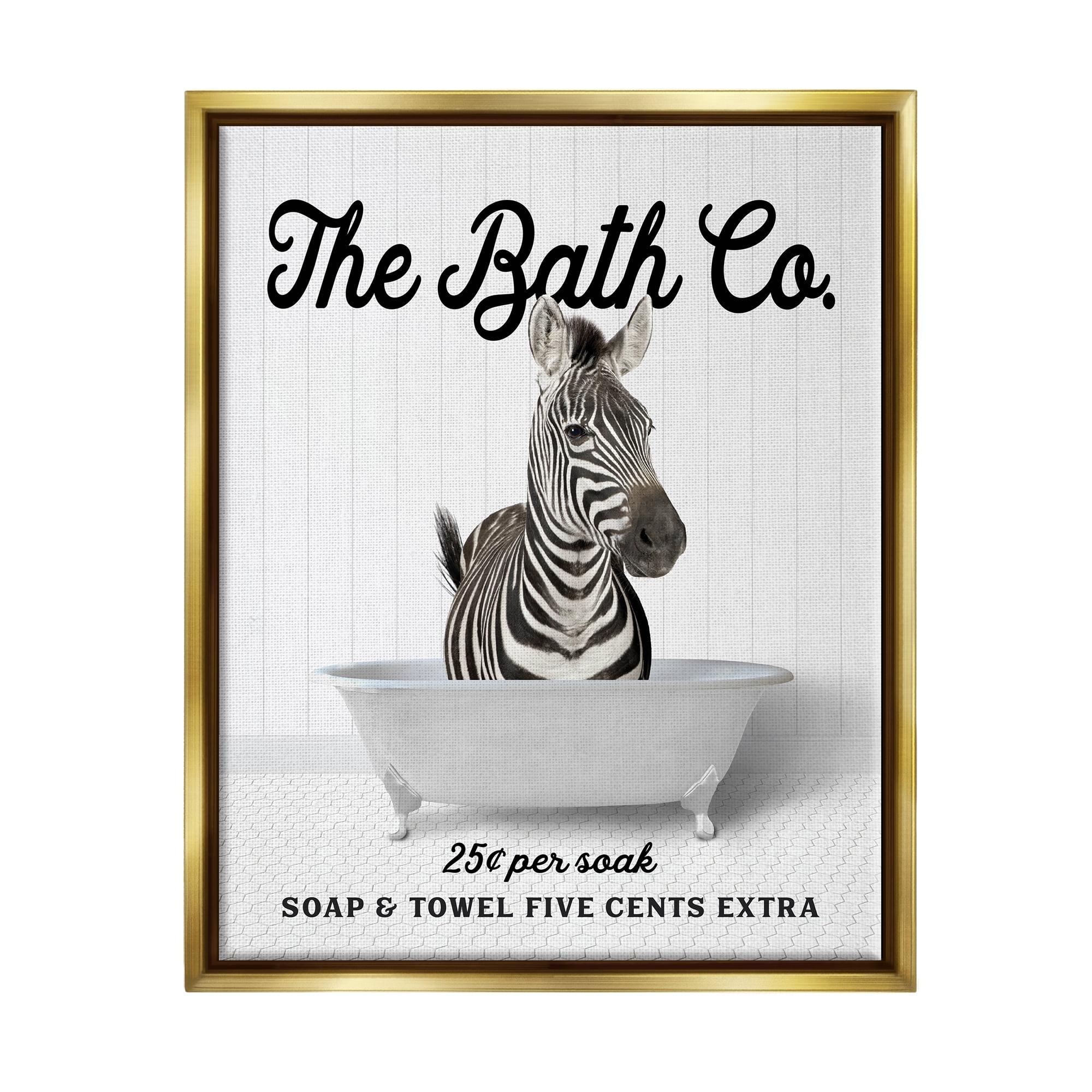 Stupell Industries Vintage Bath Ad Zebra Animals & Insects Painting Gold Floater Framed Art Print Wall Art, 17 x 21