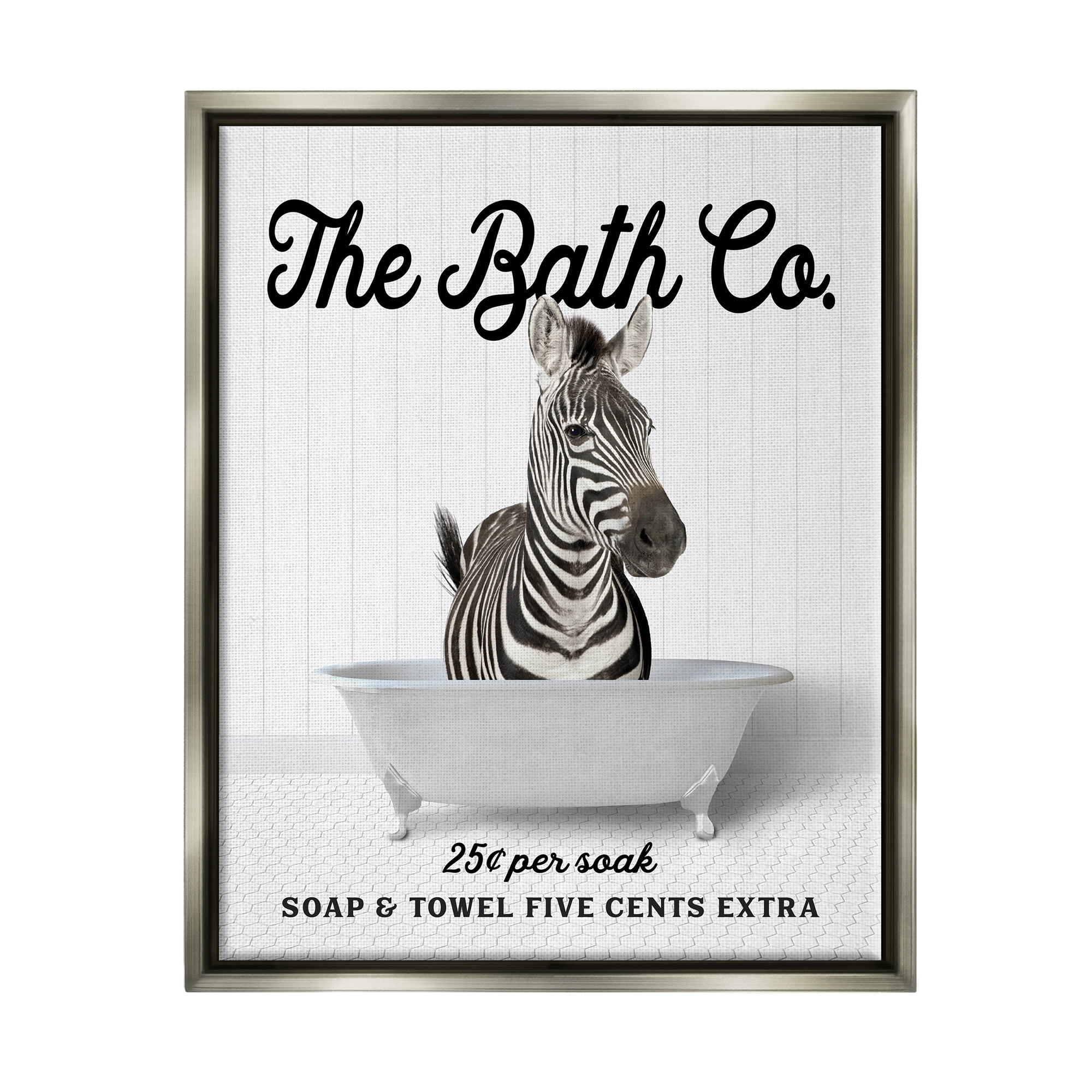 Stupell Industries Vintage Bath Ad Zebra Animals & Insects Painting Gray Floater Framed Art Print Wall Art, 25 x 31