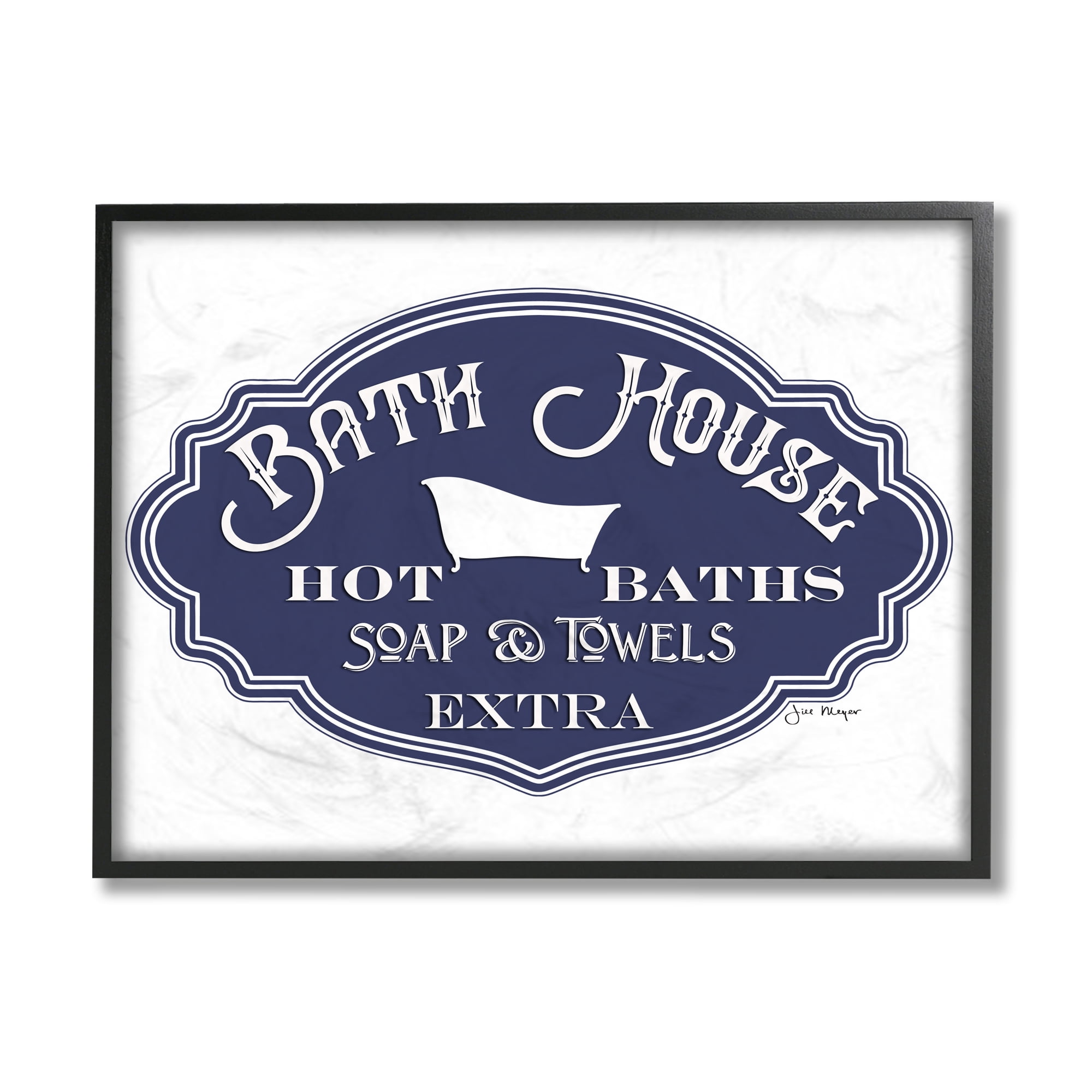 Stupell Industries Vintage Bath House Sign Minimal Blue White Typography Painting Black Framed Art Print Wall Art, 24 x 30