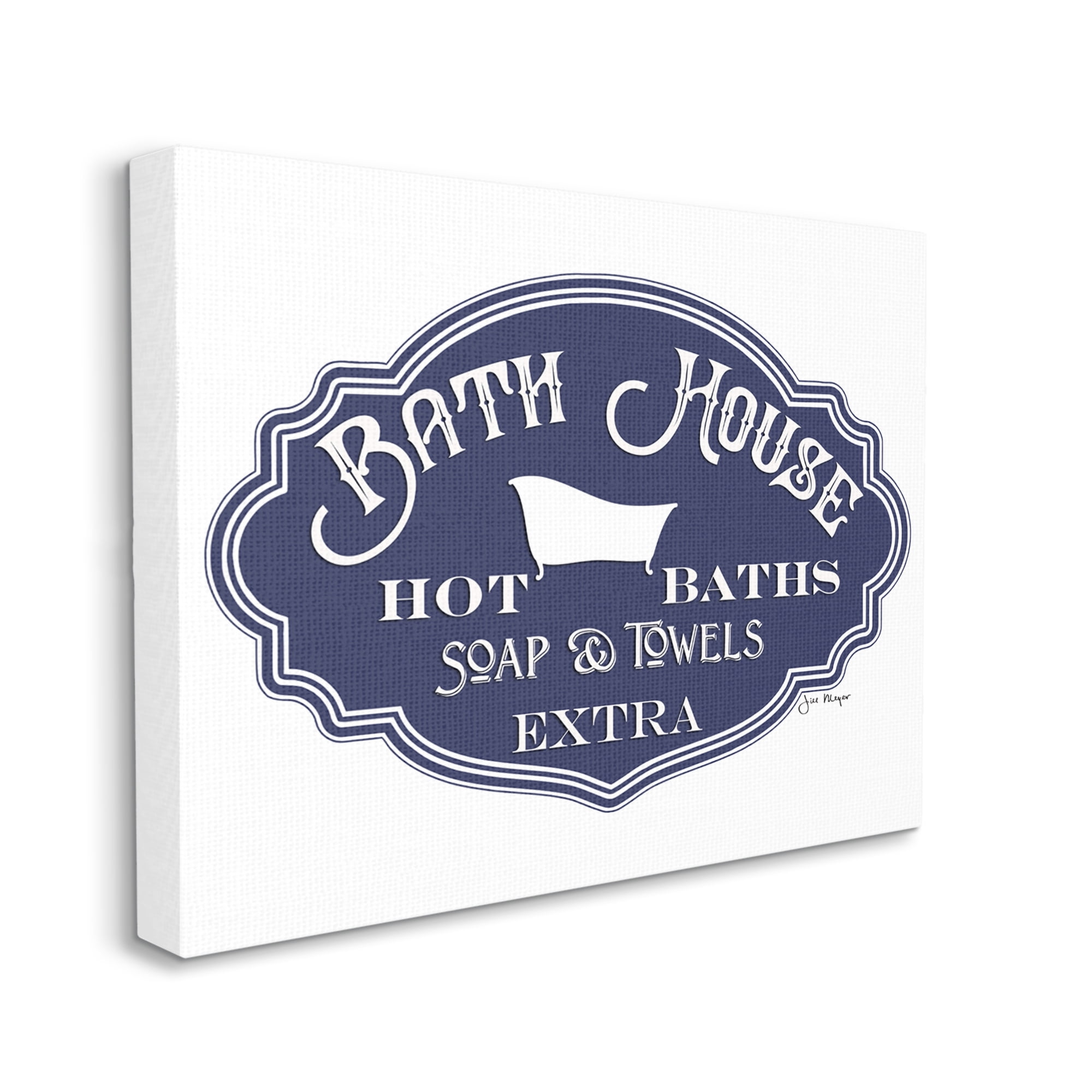 Stupell Industries Vintage Bath House Sign Minimal Blue White Typography Painting Gallery Wrapped Canvas Art Print Wall Art, 24 x 30