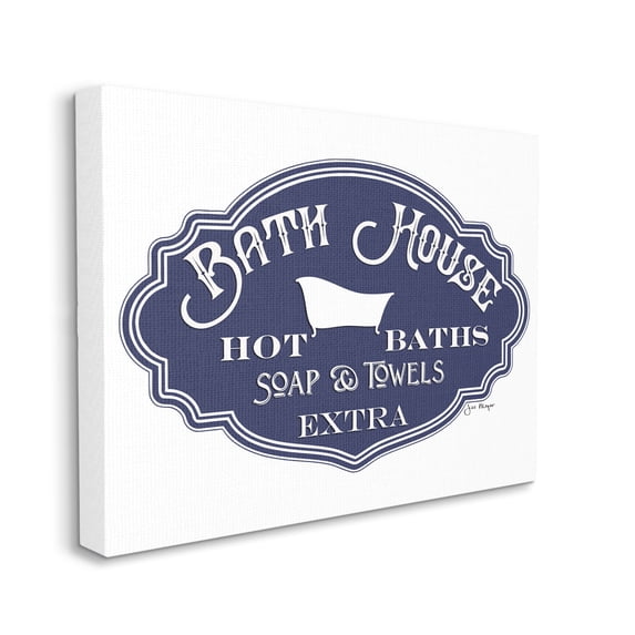 Stupell Industries Vintage Bath House Sign Minimal Blue White Typography Painting Gallery Wrapped Canvas Art Print Wall Art, 24 x 30
