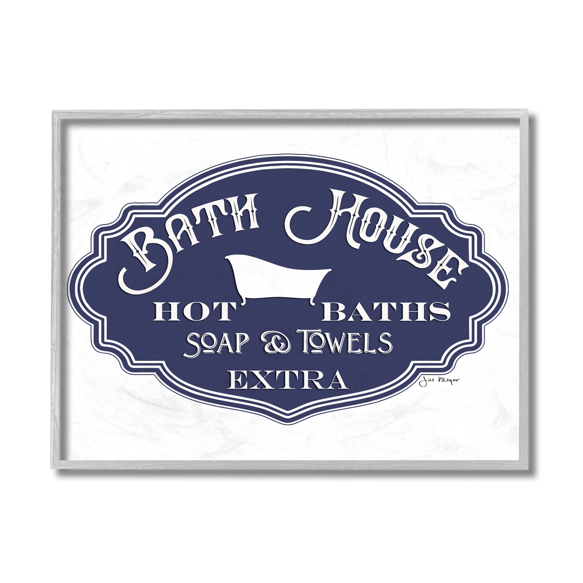 Stupell Industries Vintage Bath House Sign Minimal Blue White Typography Painting Gray Framed Art Print Wall Art, 16 x 20
