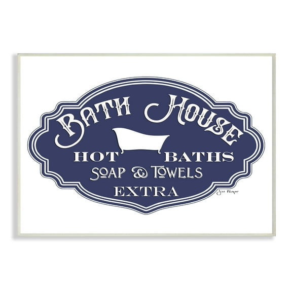 Stupell Industries Vintage Bath House Sign Minimal Blue White Typography Painting Wall Plaque Art Print Wall Art, 13 x 19