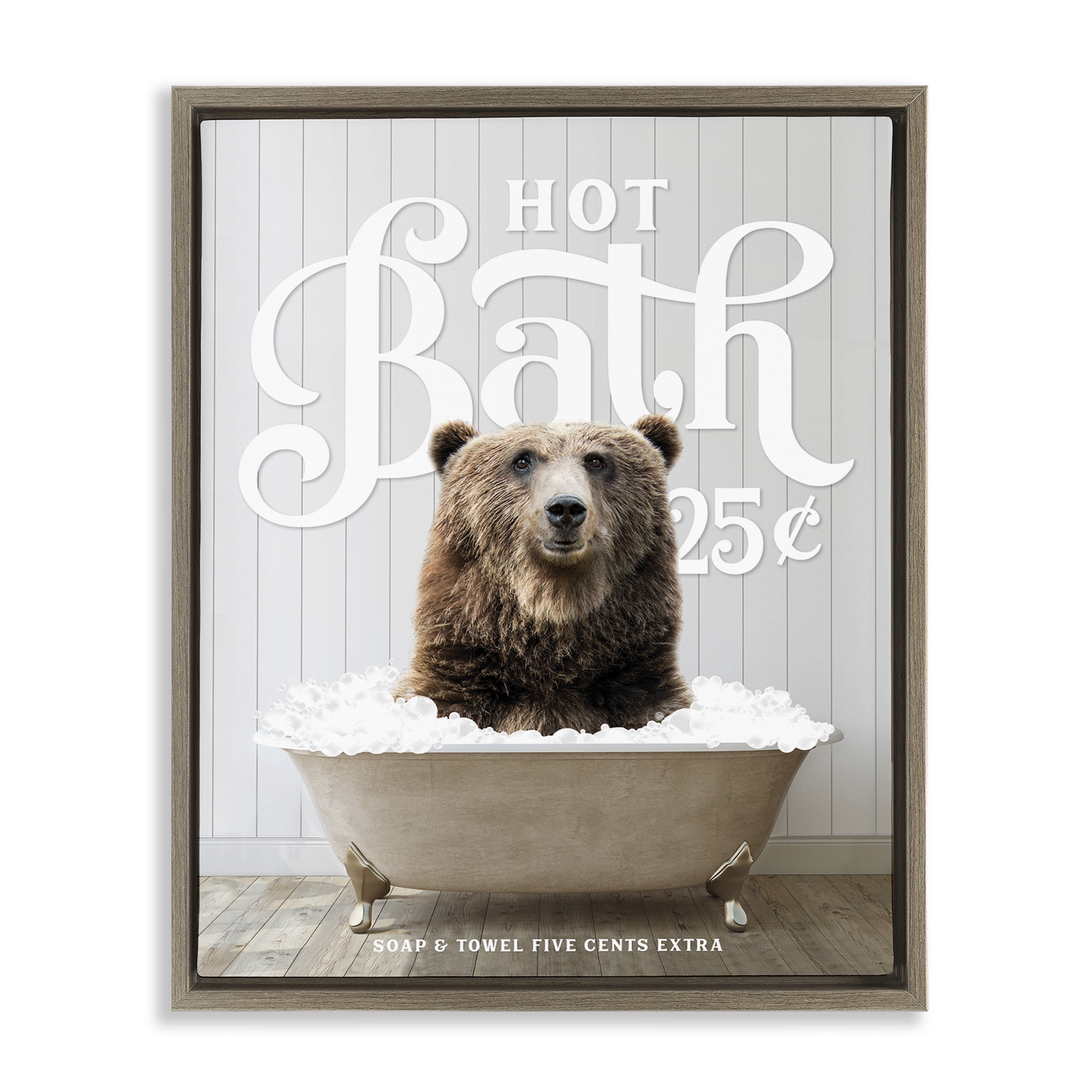 Stupell Industries Vintage Bathroom Bear Ad Animals & Insects Painting Brown Floater Framed Canvas Art Print Wall Art, 25 x 31
