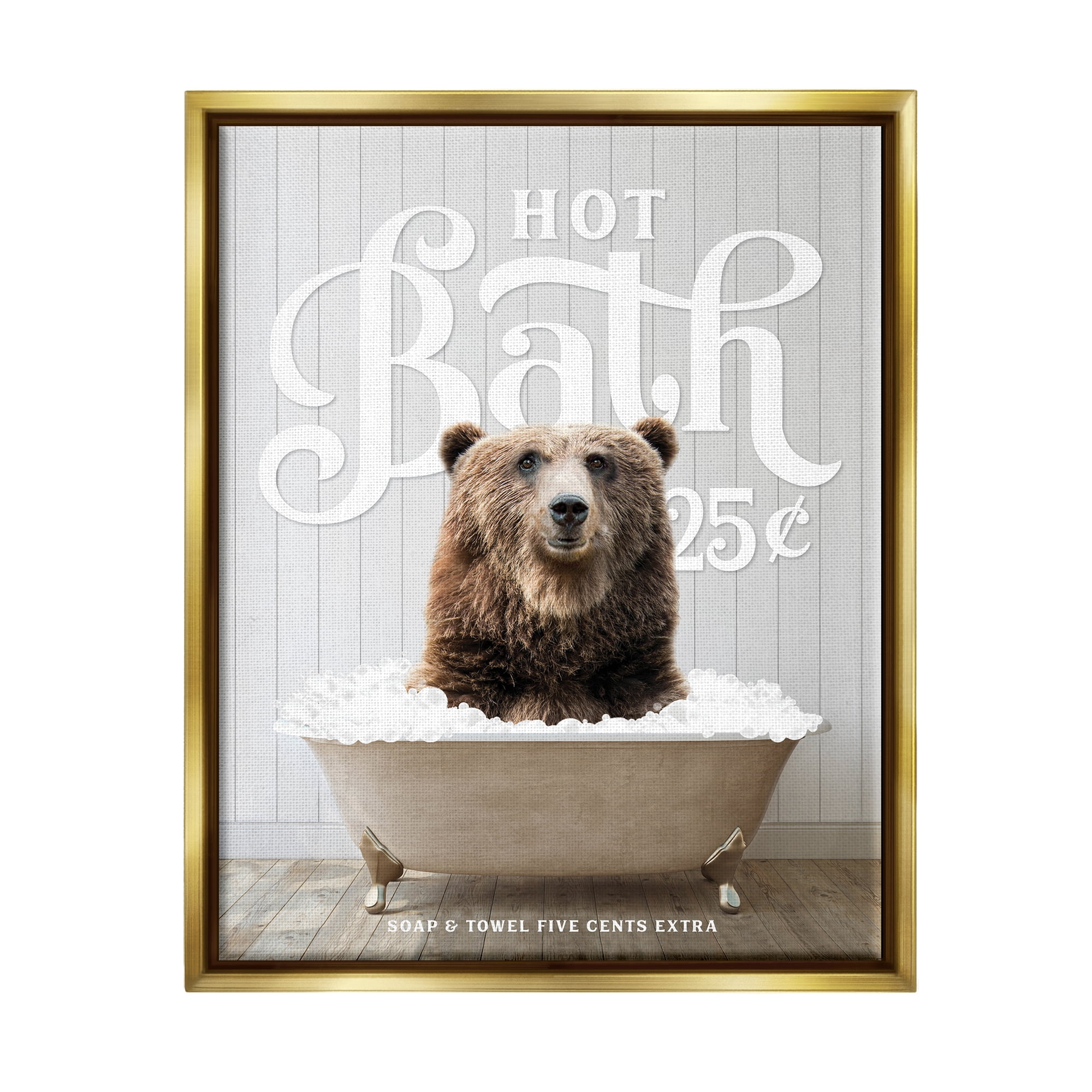 Stupell Industries Vintage Bathroom Bear Ad Animals & Insects Painting Gold Floater Framed Art Print Wall Art, 17 x 21