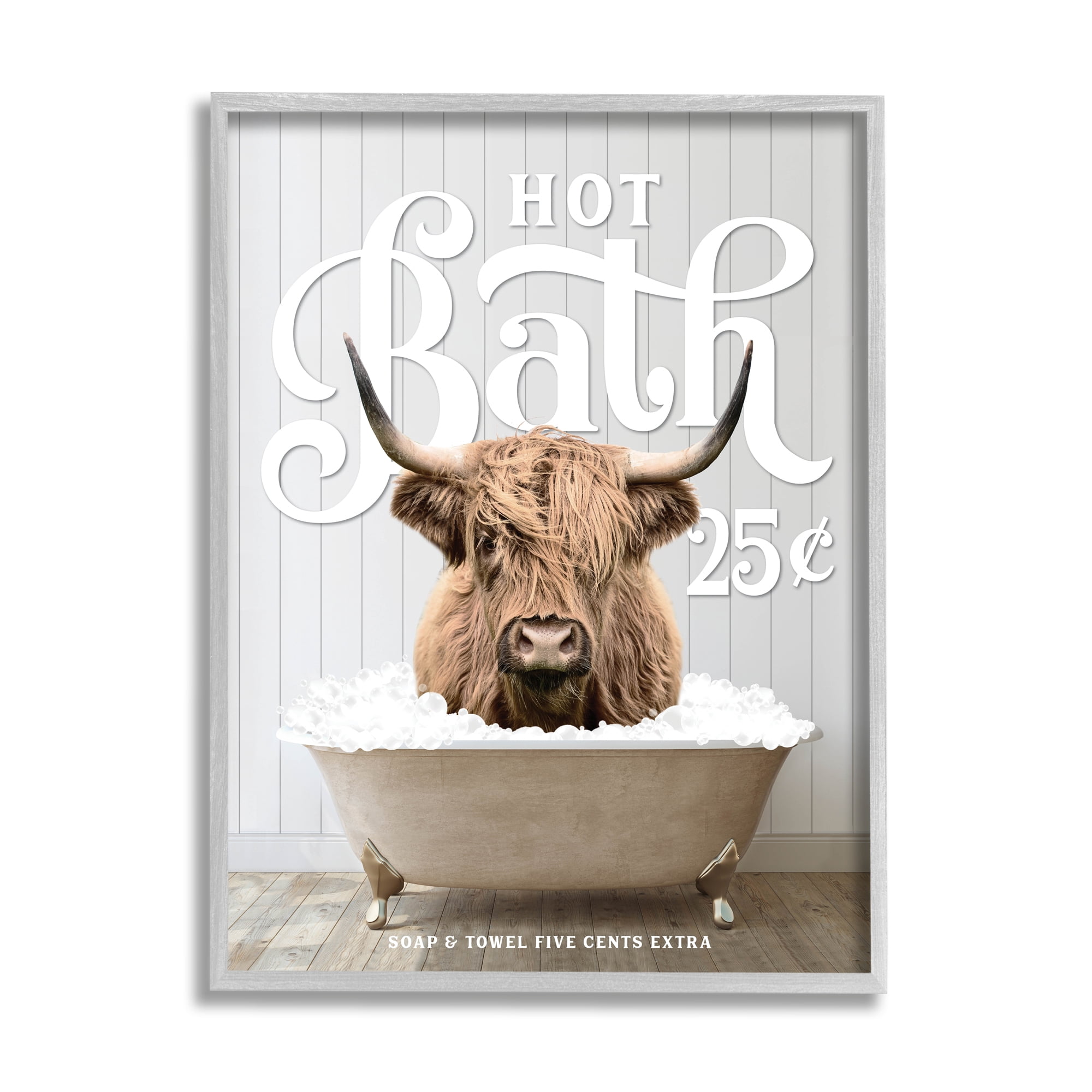 Stupell Industries Vintage Bathroom Cattle Animals & Insects Painting Gray Framed Art Print Wall Art, 16 x 20