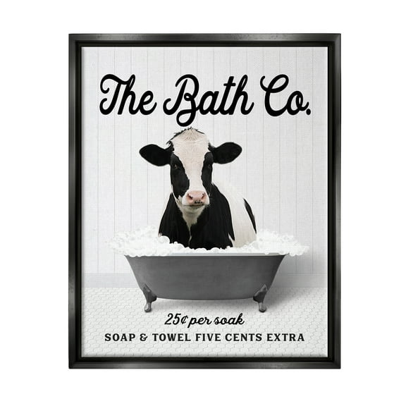 Stupell Industries Vintage Bathroom Cow Animals & Insects Painting Black Floater Framed Art Print Wall Art, 17 x 21