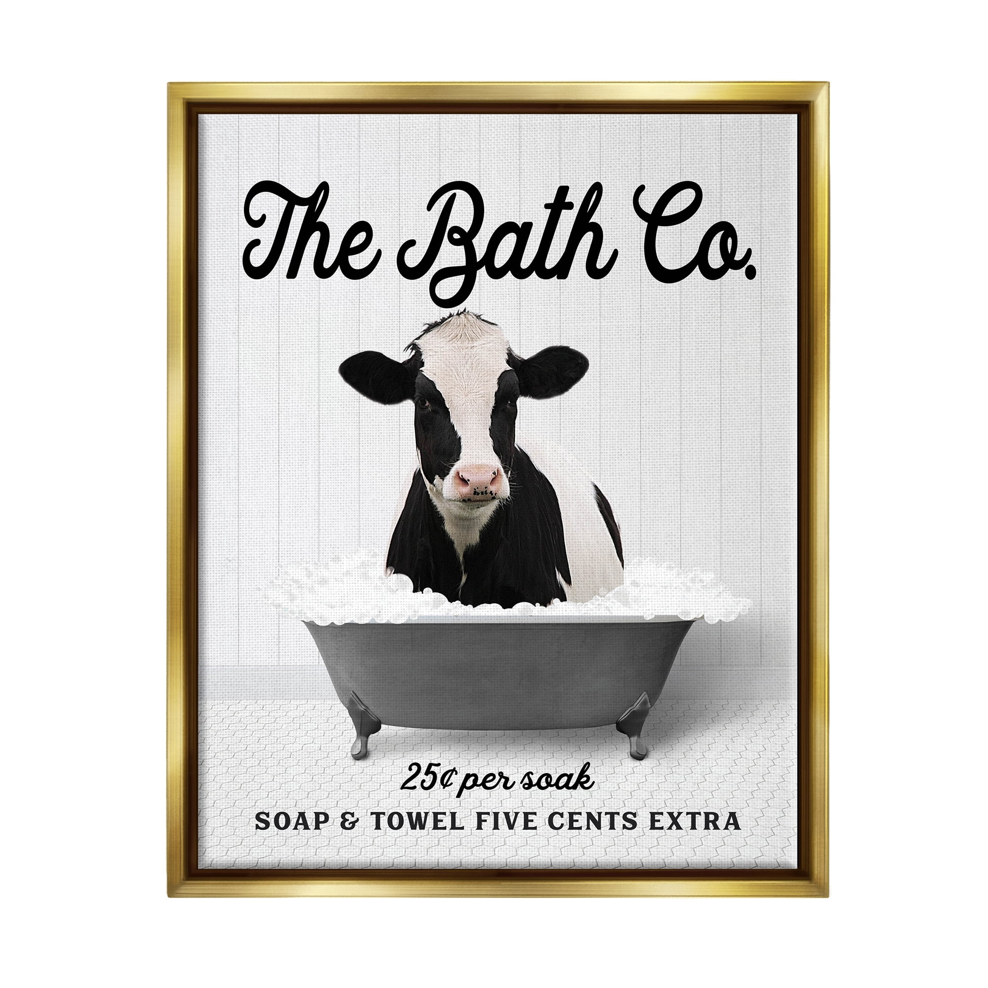 Stupell Industries Vintage Bathroom Cow Animals & Insects Painting Gold Floater Framed Art Print Wall Art, 17 x 21